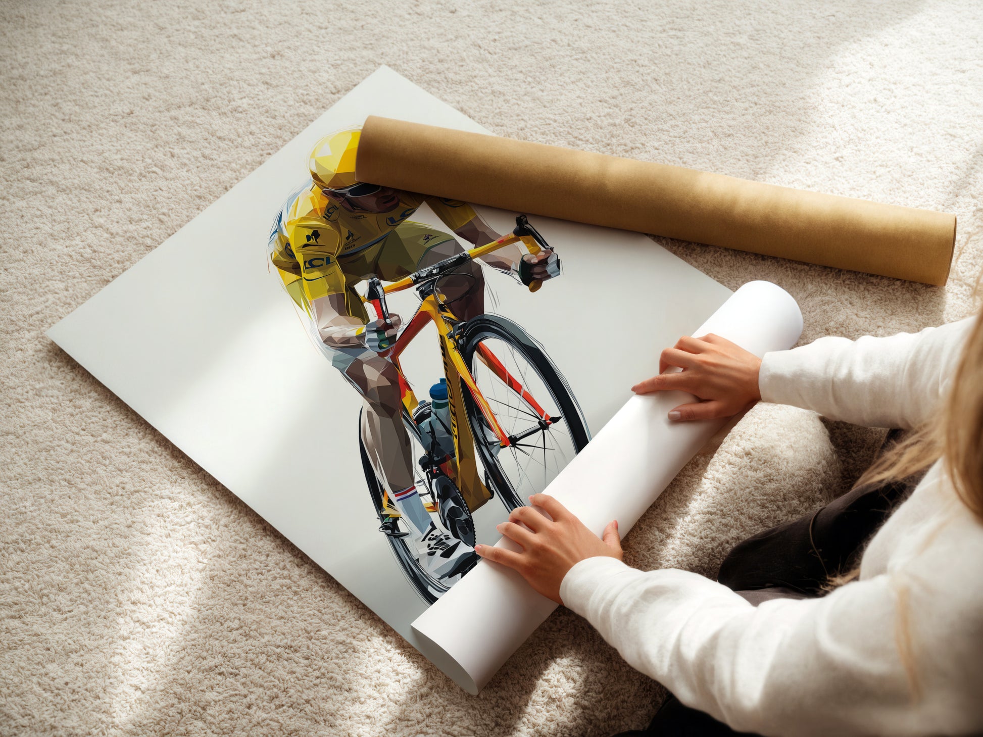 A woman is carefully rolling a fine art poster paper. The paper has a smooth texture. This protects the artwork during handling. Ensures the artwork arrives in pristine condition.  Order your fine art prints on high-quality paper.  Experience the difference in quality.