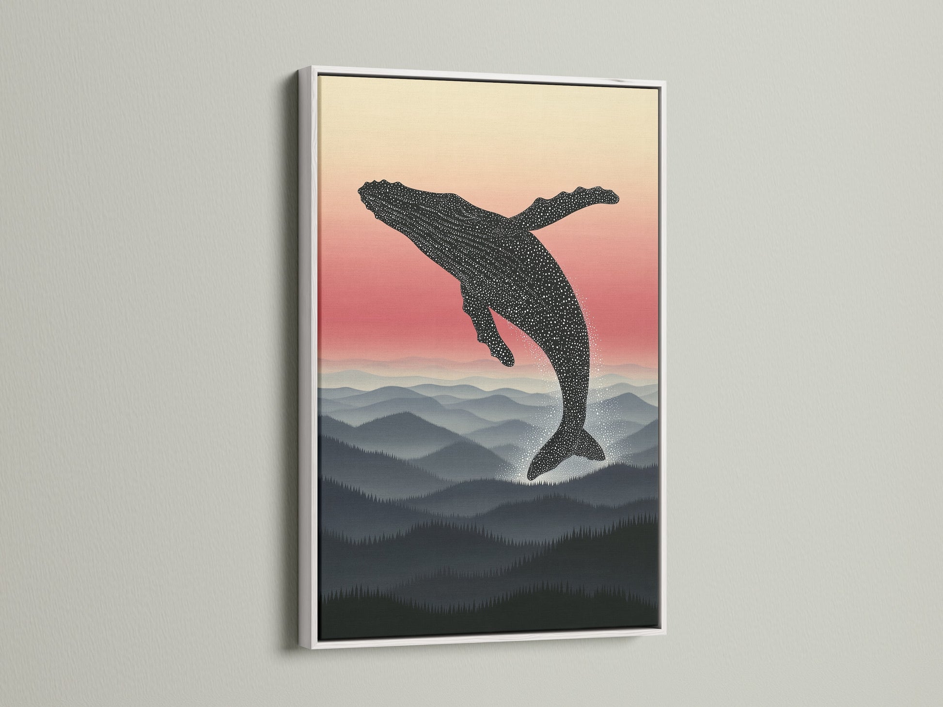 Here is a white frame displayed on the whale artwork. The mountain landscape wall art adds a touch of sophistication. This minimalist nature poster creates a serene bedroom decor. It's a nature print of a mountain scene.