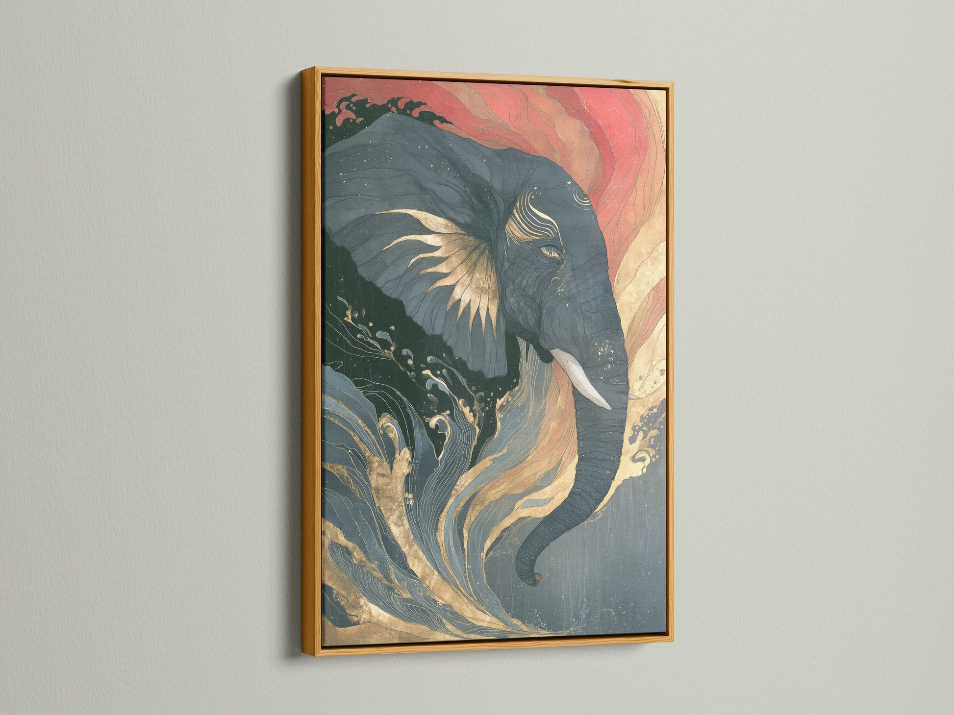 Elephant artwork with Japanese wave art in a gold frame. The animal wildlife poster enhances bedroom decor with coral pink and teal shades. A contemporary Asian-inspired art for any space.