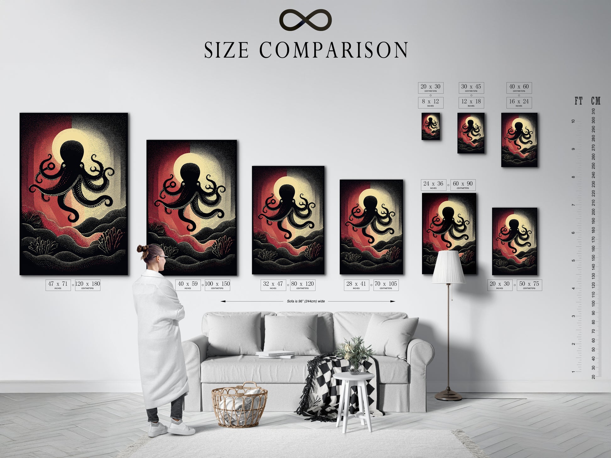 A size comparison chart shows how the octopus artwork fits in a room. Visualize the nautical wall art in your space. See how the vintage sea creature artwork complements your decor. Choose the perfect size for your ocean canvas art. Make the right choice for your coastal home.