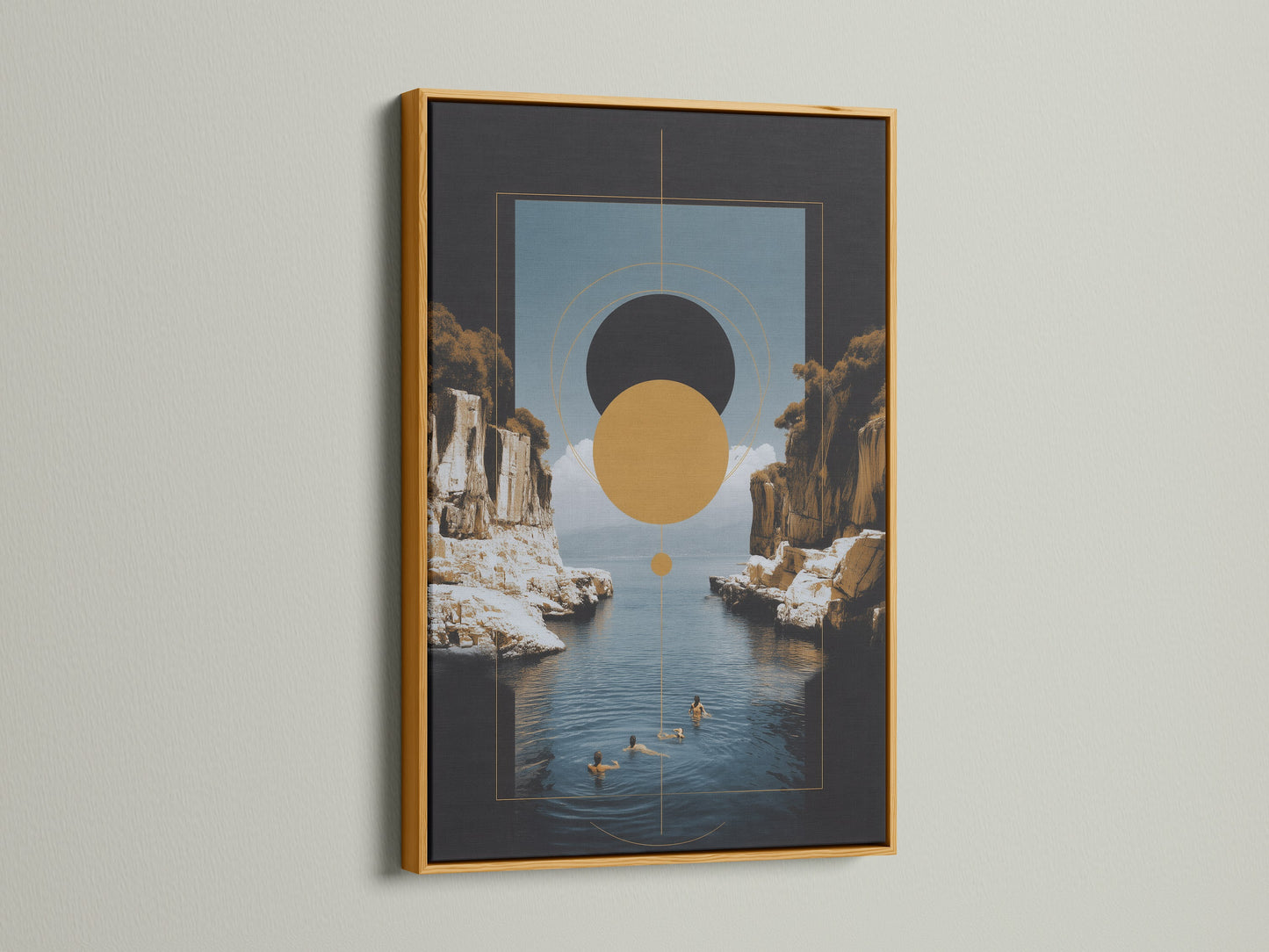A Geometric Seascape artwork with a gold frame. This modern wall art features abstract coastal elements and earth tones. The gold frame adds a touch of luxury and sophistication. Ideal for enhancing living rooms offices and more.