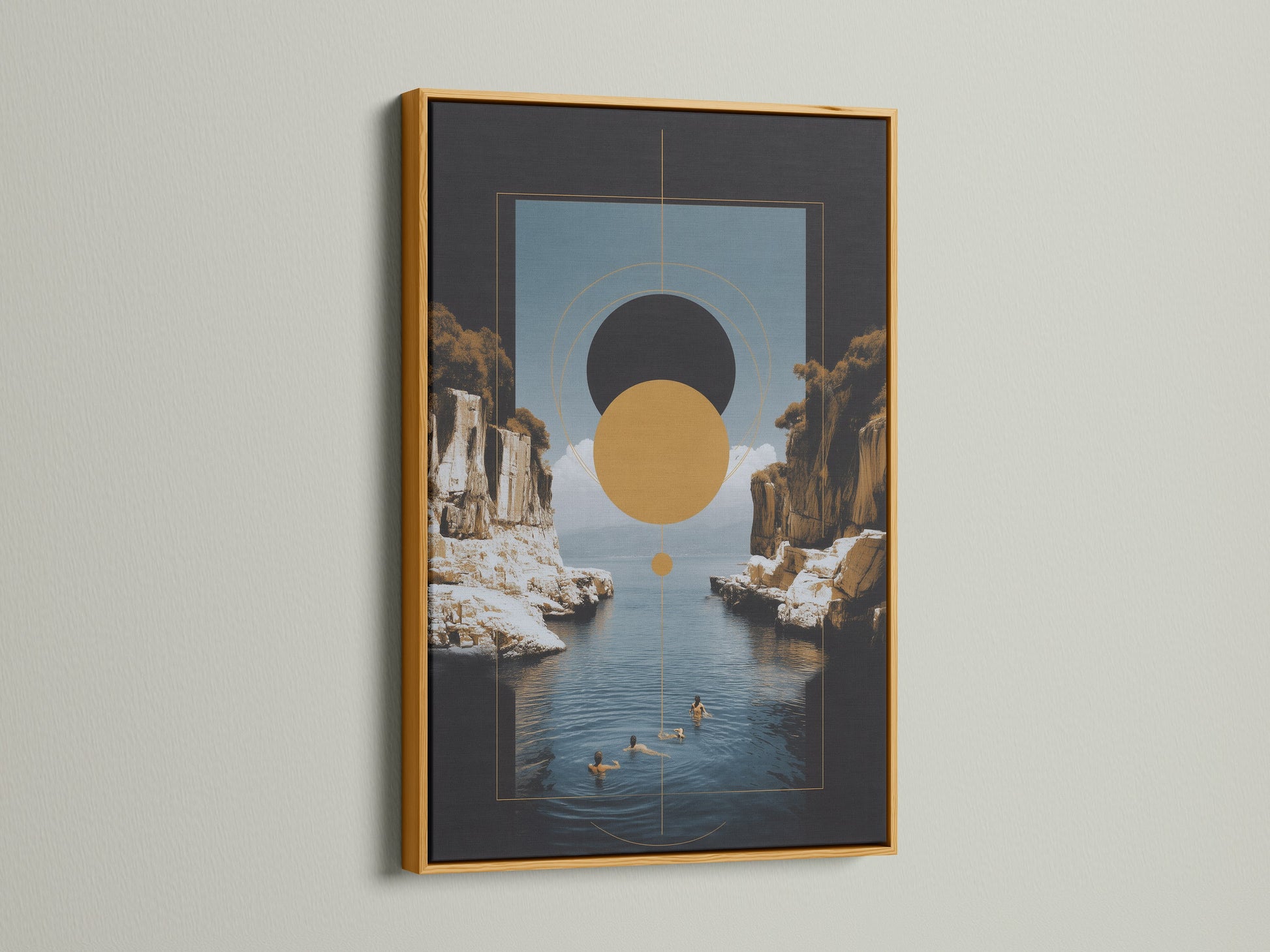 A Geometric Seascape artwork with a gold frame. This modern wall art features abstract coastal elements and earth tones. The gold frame adds a touch of luxury and sophistication. Ideal for enhancing living rooms offices and more.