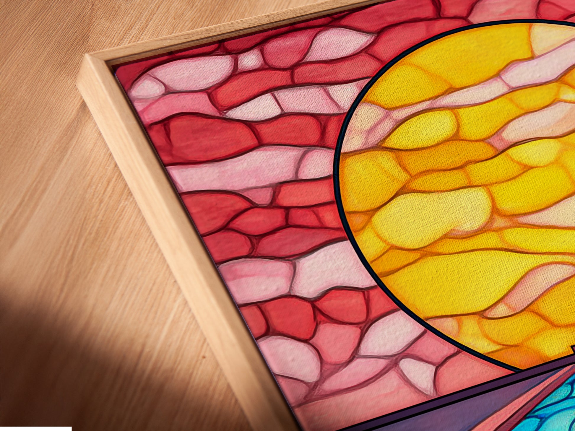 Close-up of a canvas print in a floating frame. The Stained Glass Ocean Artwork features an underwater temple. The mosaic wall art has vibrant blue and yellow colors. Perfect for meditation rooms.