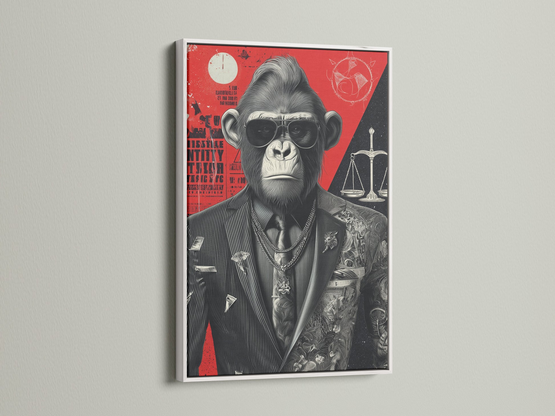 Cool Gorilla Art Print in a white frame. The artwork features a monkey dressed as a lawyer. This piece adds sophistication to any space. Perfect for legal professionals and art enthusiasts