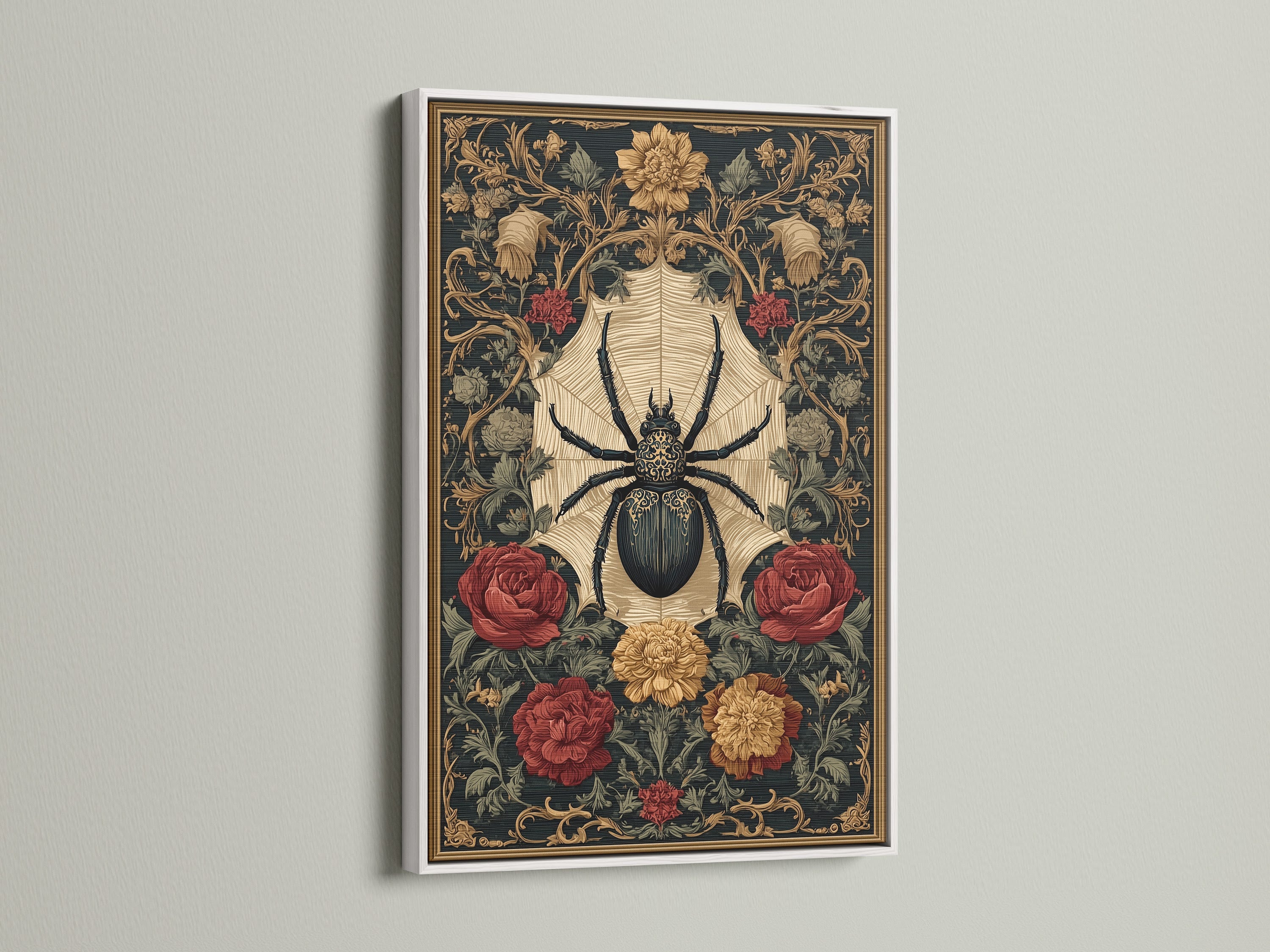 Fine art print of a spider and flowers in a white frame. The white frame offers a clean modern look. Ideal for minimalist or contemporary spaces. The artwork stands out beautifully against the white backdrop. Elevate your home decor with this framed print.