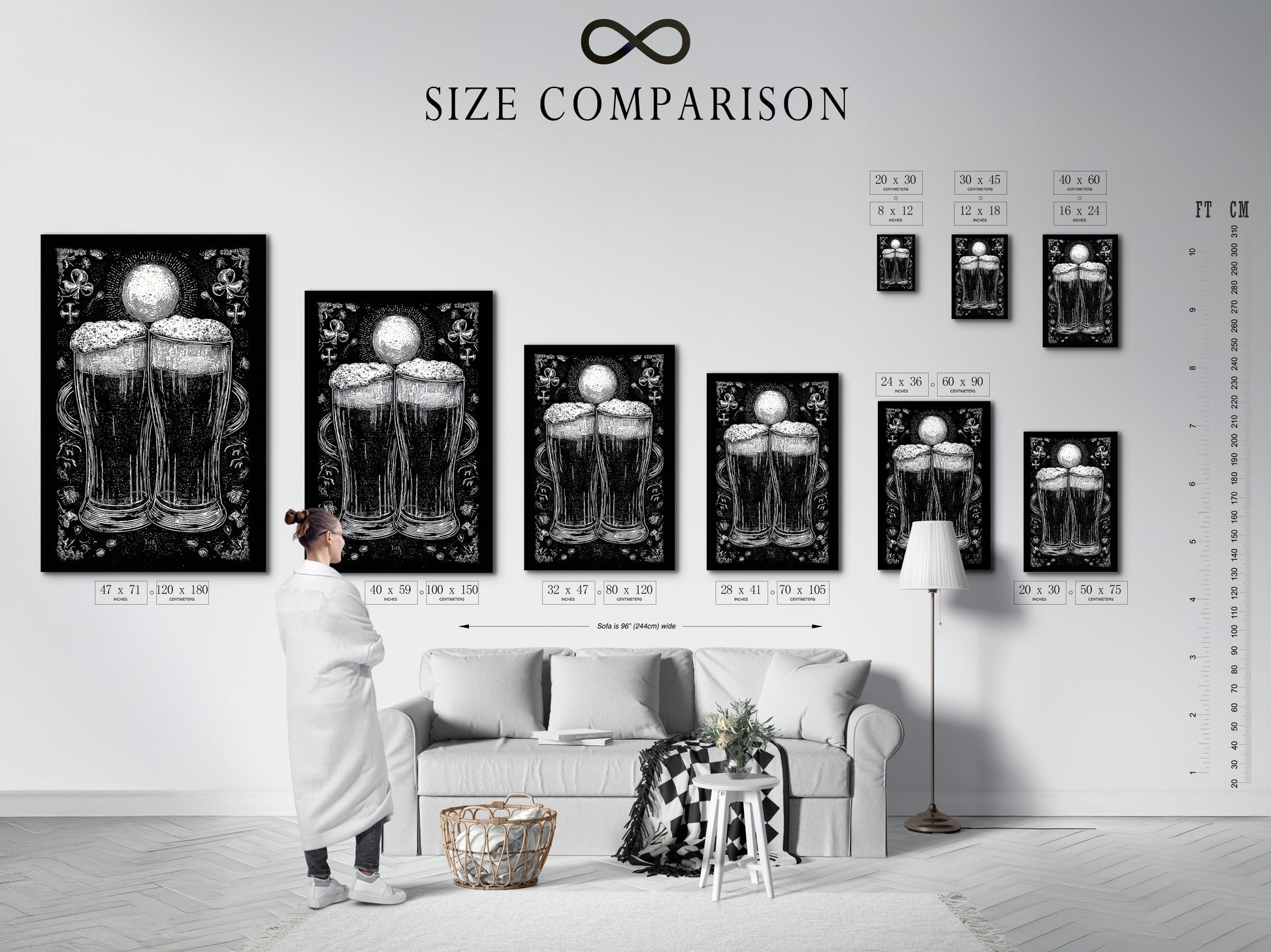 A size comparison chart is displayed in an interior setting. This chart helps visualize the different sizes available for your artwork. The artwork features a monochromatic illustration of two beer glasses. Choose the perfect size to complement your space. It is ideal for home or office decor.