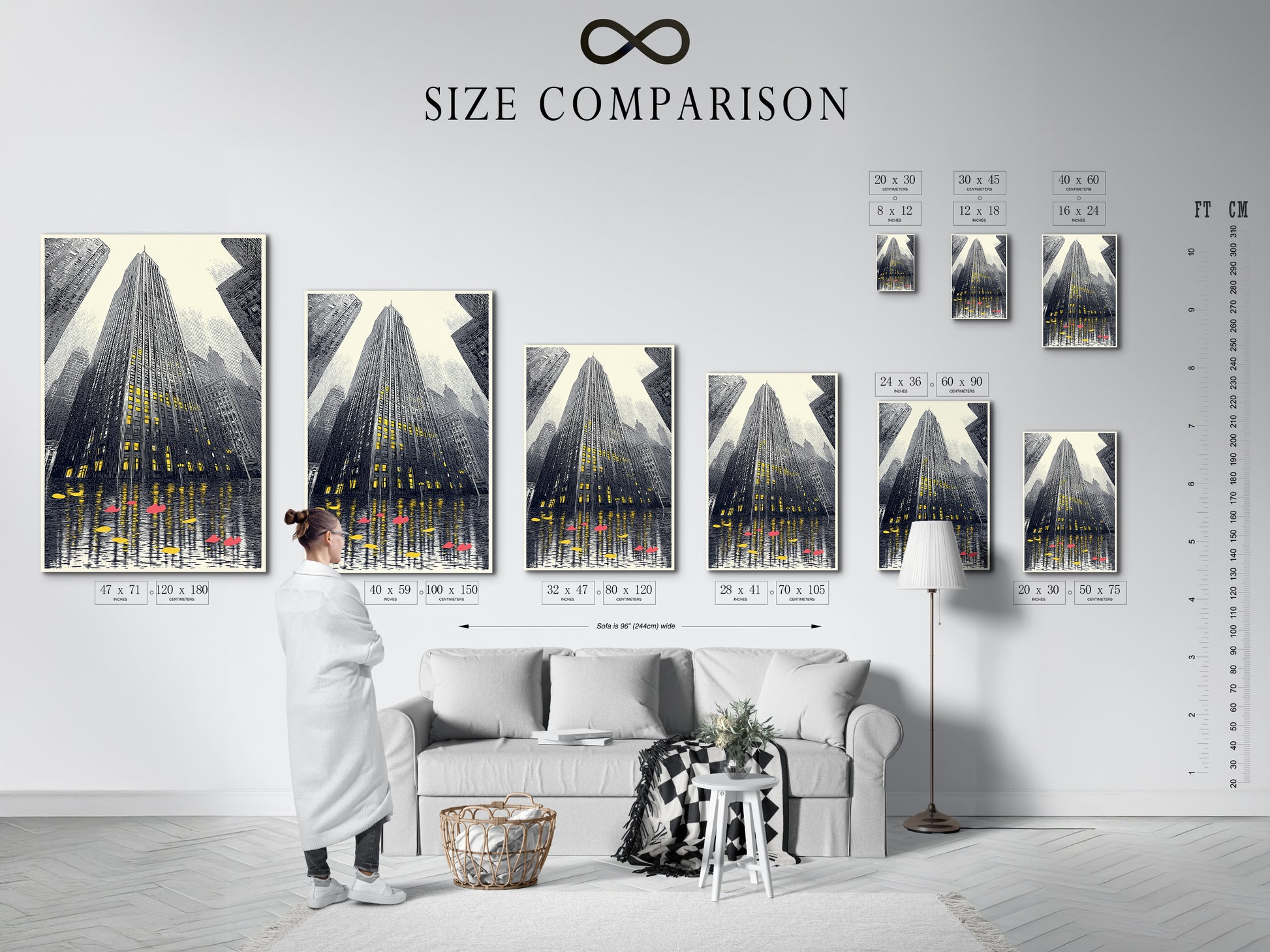 A size comparison chart is displayed in an interior setting. It showcases various sizes of the cityscape artwork. Visualize the perfect fit for your space with this urban skyscraper print. Available in multiple sizes for any room.
