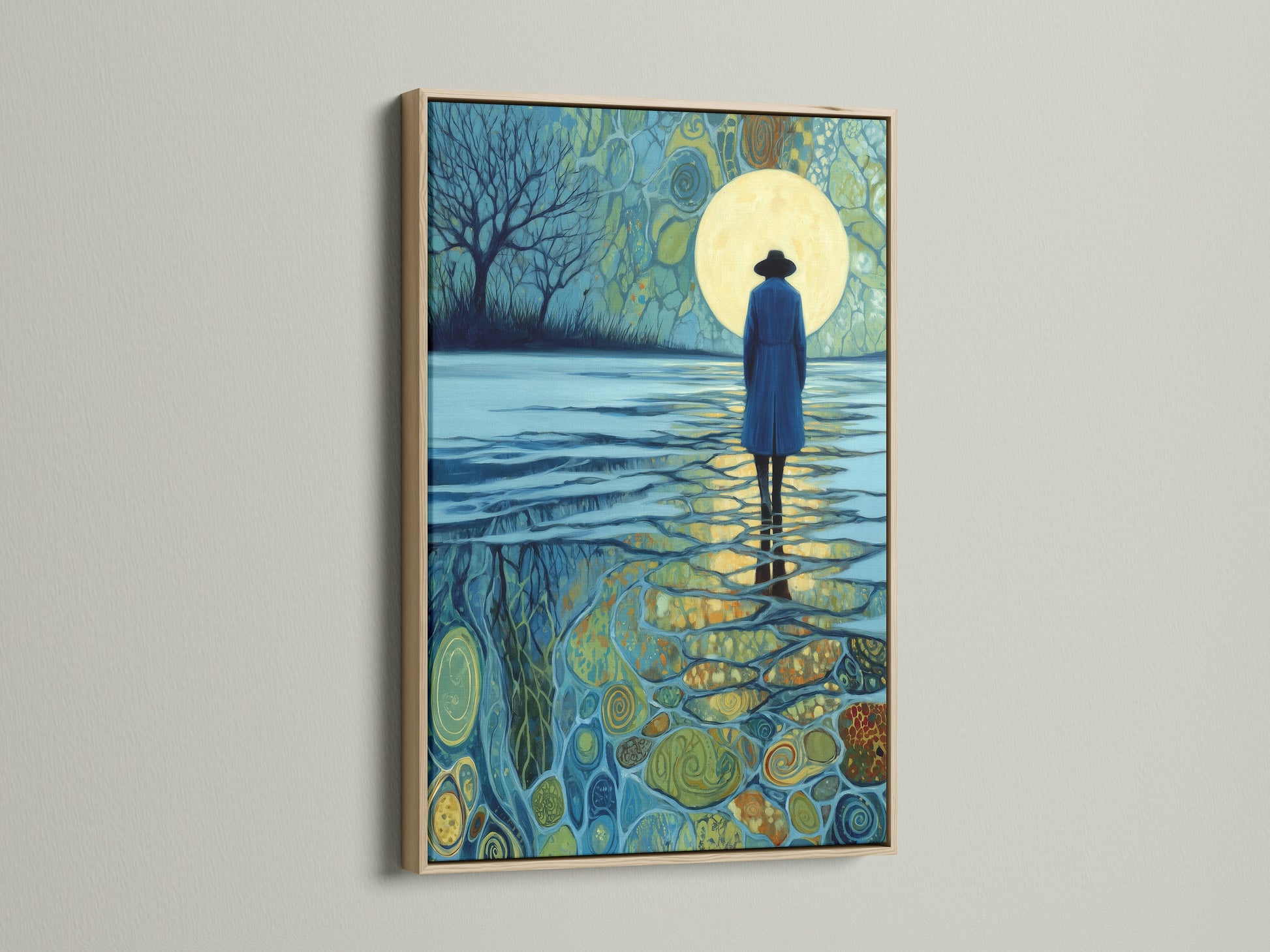 Moonlight Reflection artwork with an oak frame. This frame enhances the artwork's natural tones. The piece is ideal for minimalist interiors. The artwork brings a touch of nature indoors. Add warmth and style to any room.