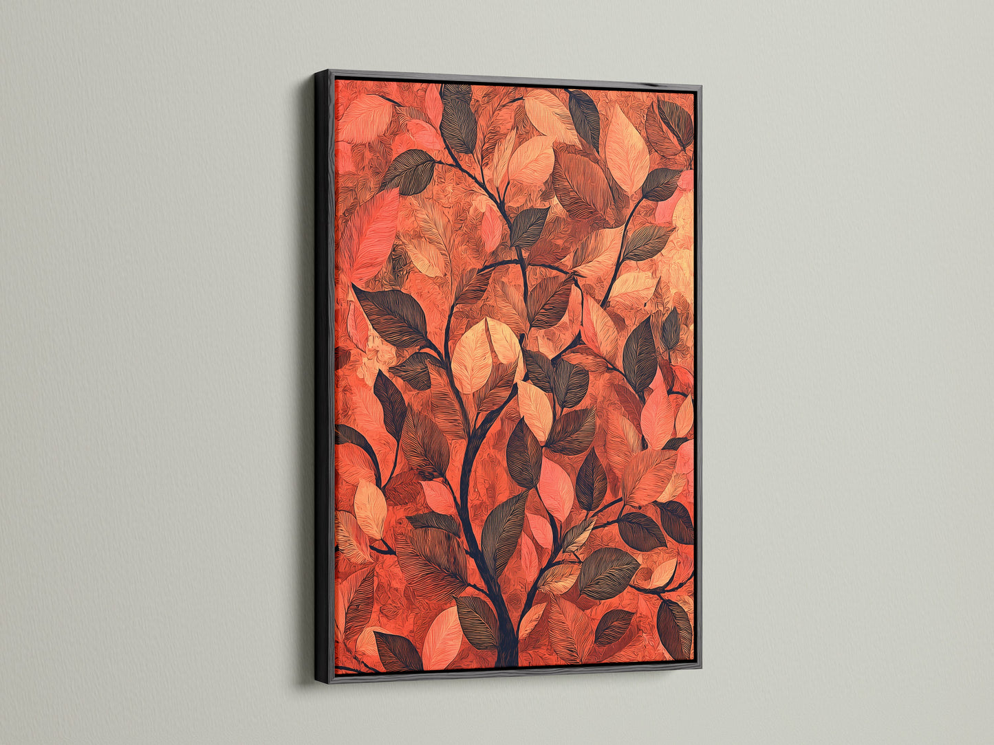 The botanical leaf artwork is framed in black. The terracotta wall art stands out against the black frame. This autumn leaves artwork is ideal for a modern study room. The foliage print gains a contemporary touch. The black frame adds sophistication to the nature art print.