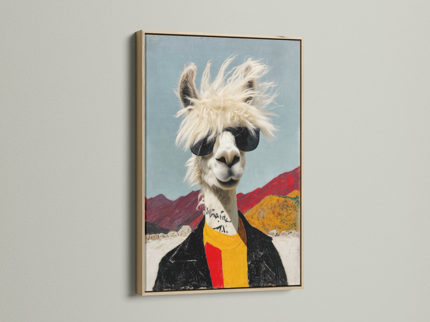 Elevate your space with our cool llama artwork. This quirky animal wall art features a llama with sunglasses. The oak frame enhances this funny alpaca canvas. Perfect for modern animal art.