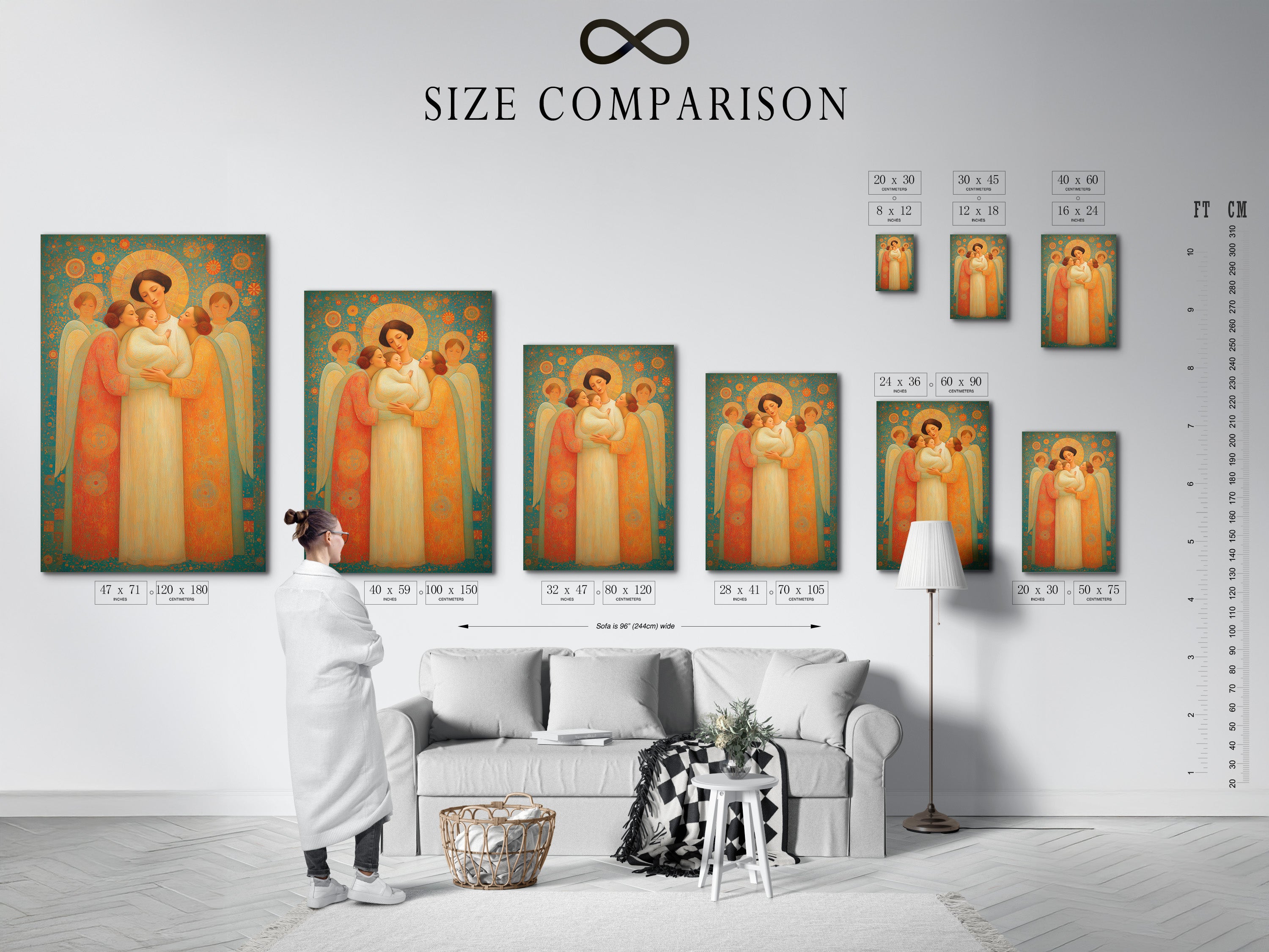 A size comparison chart shows the angel family artwork in an interior setting. See how this religious wall art fits into different spaces. This sacred art print is perfect for nurseries and family rooms. Choose the ideal size to enhance your home's spiritual ambiance. Discover our range of faith wall art.