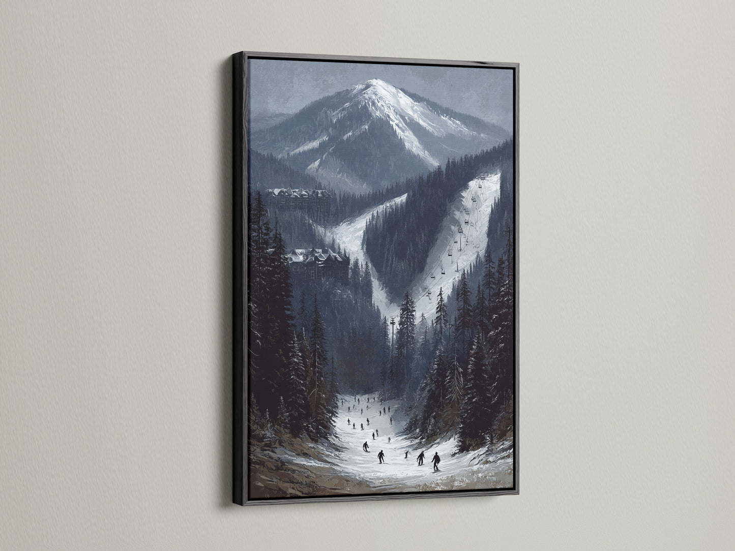 Ski resort mountain artwork with a black frame. This winter landscape canvas art brings alpine beauty to any room. The snow covered peaks create a cozy cabin feel. A perfect ski slope print for mountain decor.