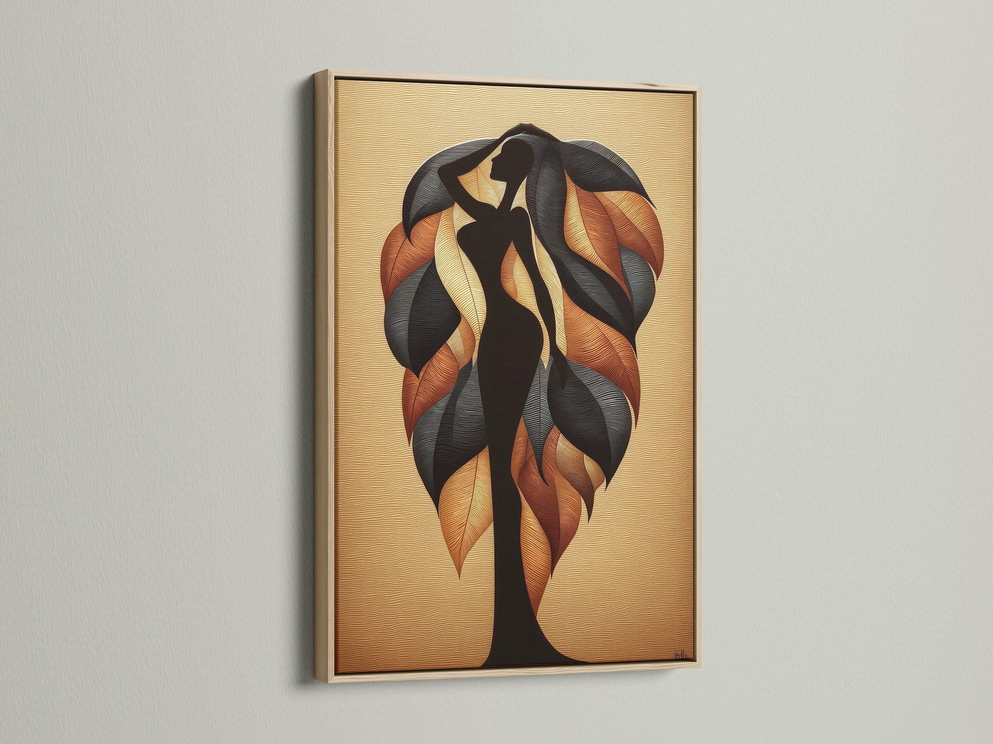 A captivating oak framed art piece displayed on a neutral wall. The artwork showcases an abstract tree with autumn leaves. This modern botanical decor enhances living rooms and bedrooms. Renters and homeowners will appreciate its contemporary style. The brown and black tones complement minimalist and Scandinavian interiors.