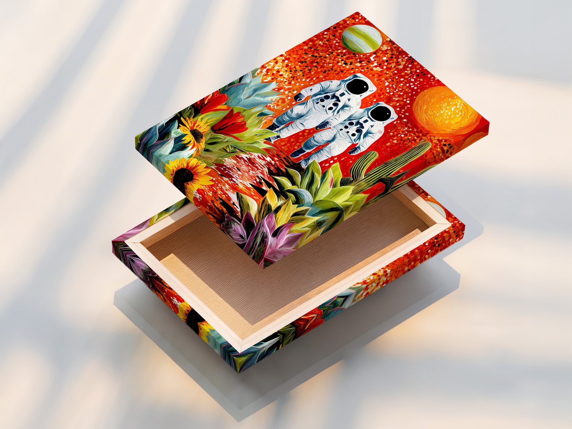 A stretched canvas print of the Astronauts artwork is displayed. The canvas print brings the surreal desert scene to life. Ready to hang. This stretched canvas adds depth and texture to the artwork. Perfect for modern homes and offices.