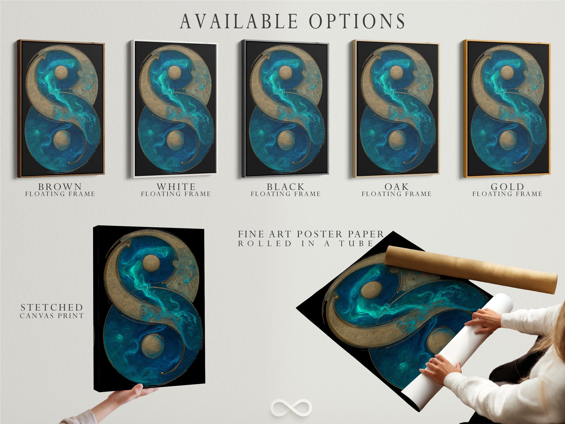Available options include a stretched canvas print fine art poster paper and floating frame. The Yin Yang artwork features teal blue and gold spiritual accents. Choose the perfect format for your zen canvas print. Enhance your meditation room with this balance symbol art. Add mindfulness to your decor.
