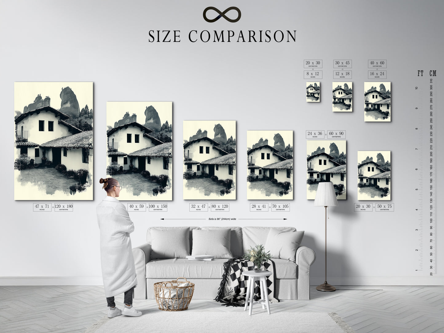 A size comparison chart is displayed in an interior setting. Various sizes of the monochrome Hacienda artwork are shown. Choose the perfect size for your space. This chart helps visualize the artwork in your home.