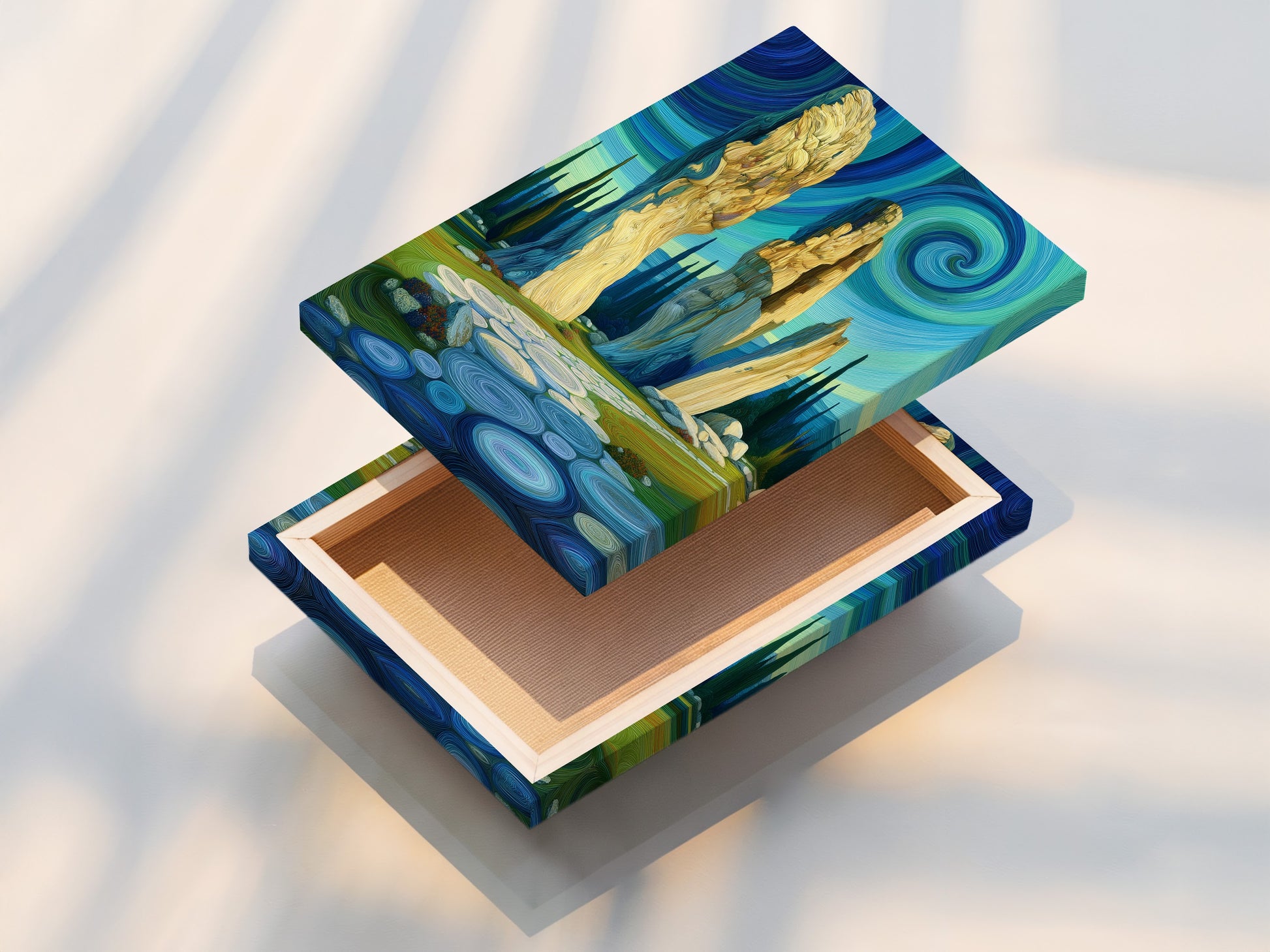 This is a stretched canvas print. The art on it shows an ancient stone circle beneath a swirling sky. This Celtic mystical landscape artwork is ready to hang. It brings a touch of fantasy to any room. Perfect for adding spiritual artwork to your home.