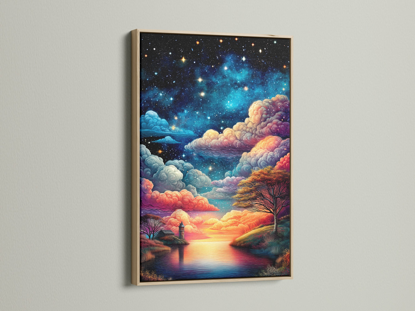 Starry Night celestial canvas in an oak frame. The artwork features a beautiful lake landscape print. The night sky print adds a touch of dreamy decor to your home. Perfect for living room wall art