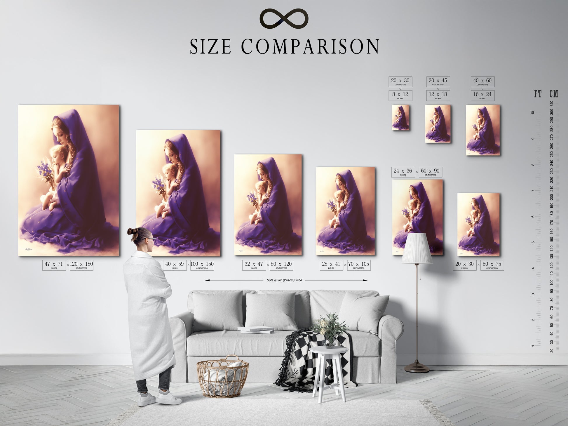 Size comparison chart showcasing the Madonna and Baby artwork in an interior setting. Visualize the perfect fit for your space. This religious wall art enhances nursery decor. The purple canvas art adds a spiritual touch.