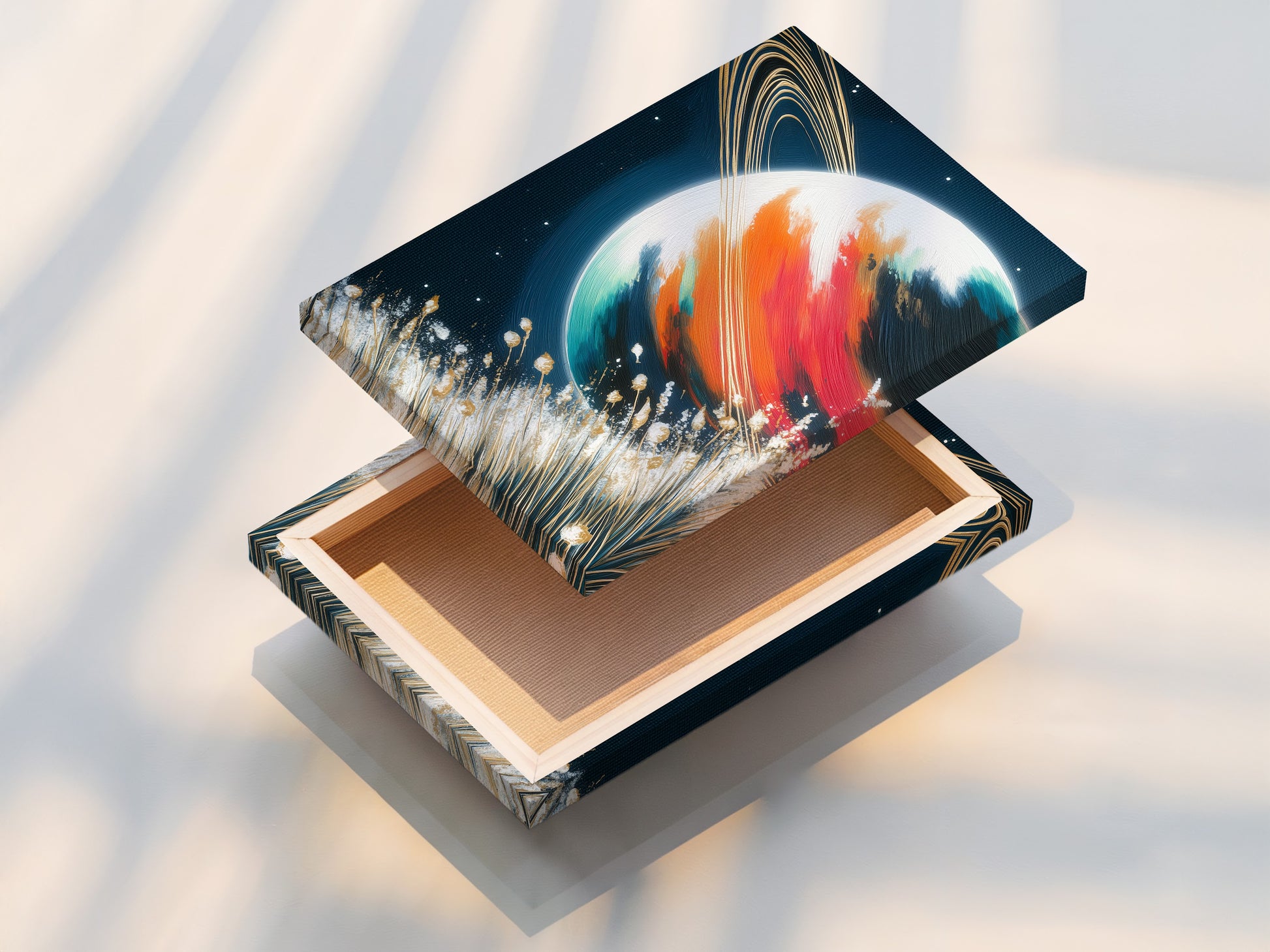 A beautifully stretched Saturn canvas print. The space canvas showcases vibrant galaxy wall art. This celestial decor is ready to hang and enjoy. The abstract print adds a modern touch to any room. Perfect as bedroom art. The colorful art is a stunning addition.