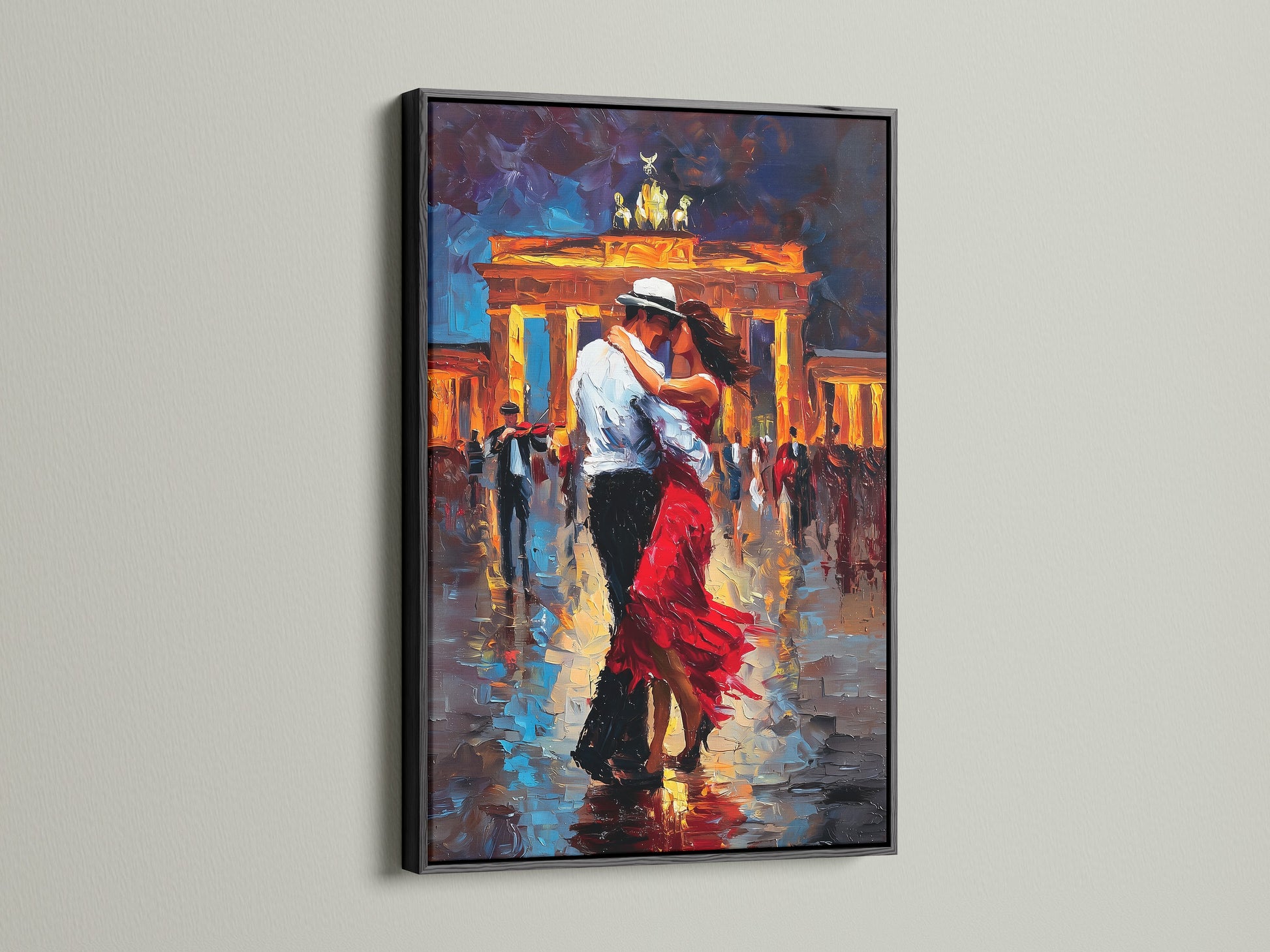 Black frame. The artwork captures a couple dancing intimately amidst a lively city scene. The black frame option provides a bold and sophisticated look. It adds contrast and drama to the artwork. The black frame is ideal for contemporary spaces and creating a gallery-like display.