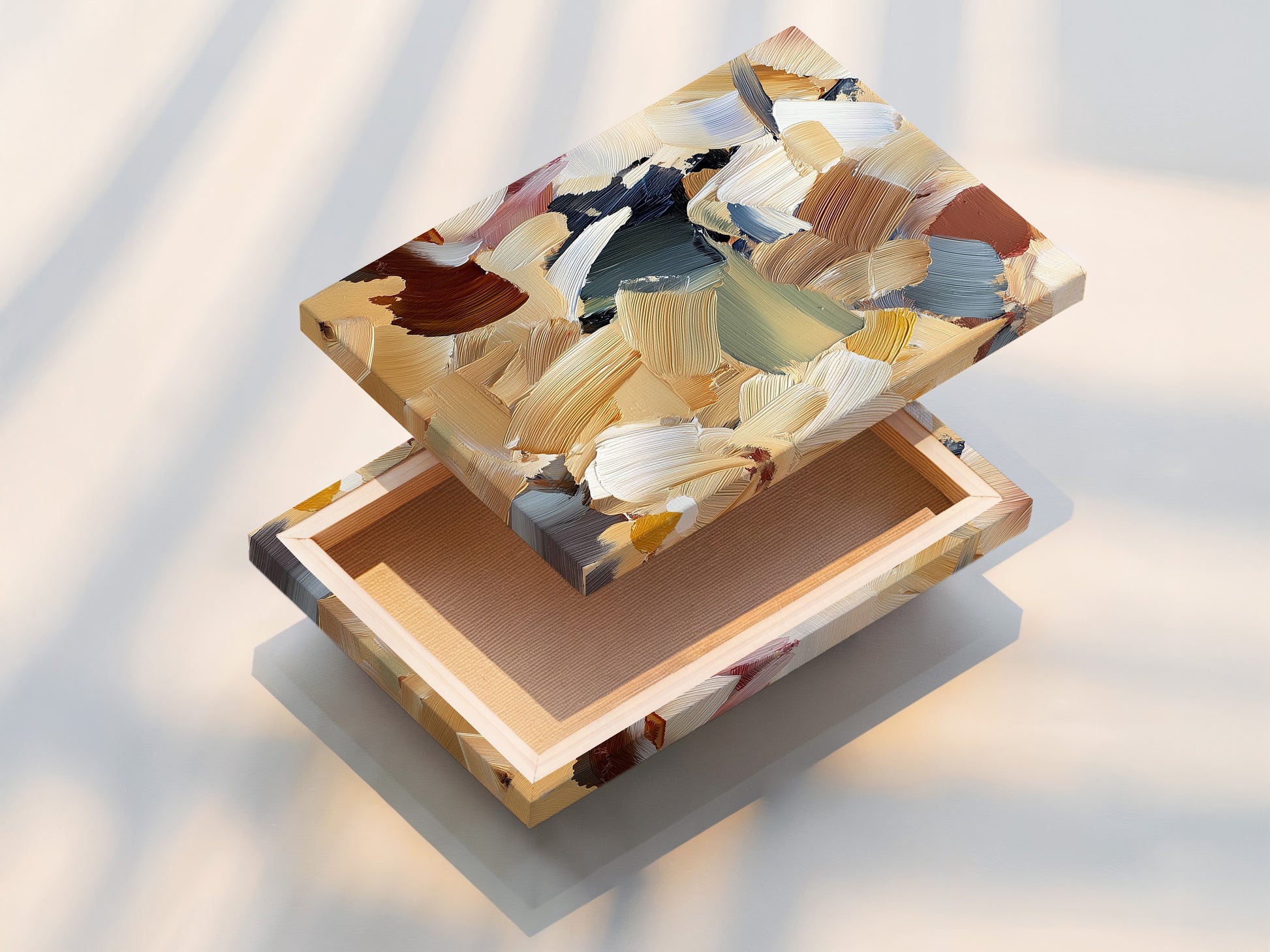 A stretched canvas print showcasing abstract artwork. The artwork features brushstrokes of beige brown blue and green. The canvas is stretched taut. Experience art on premium stretched canvas prints. Add texture and dimension to your art.