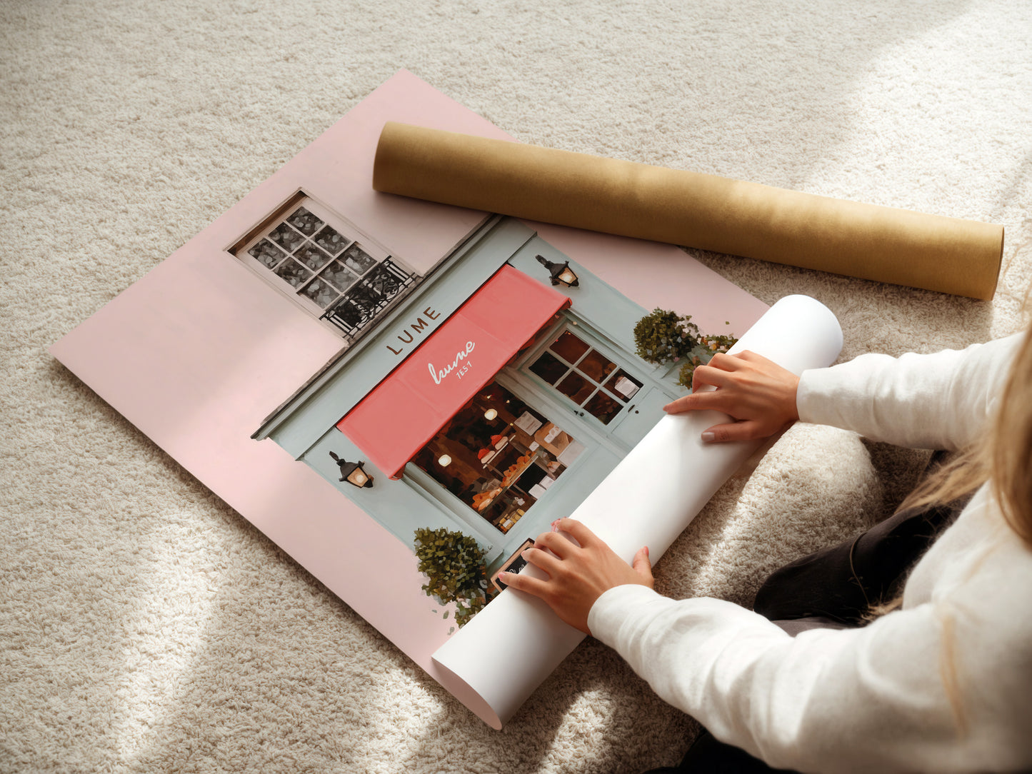 A woman is carefully rolling a fine art poster paper. The paper features a high-quality print. Rolling protects the artwork from creases and damage. This method ensures the poster arrives in pristine condition. She is preparing it for shipping or framing. This image highlights the care taken with each piece.