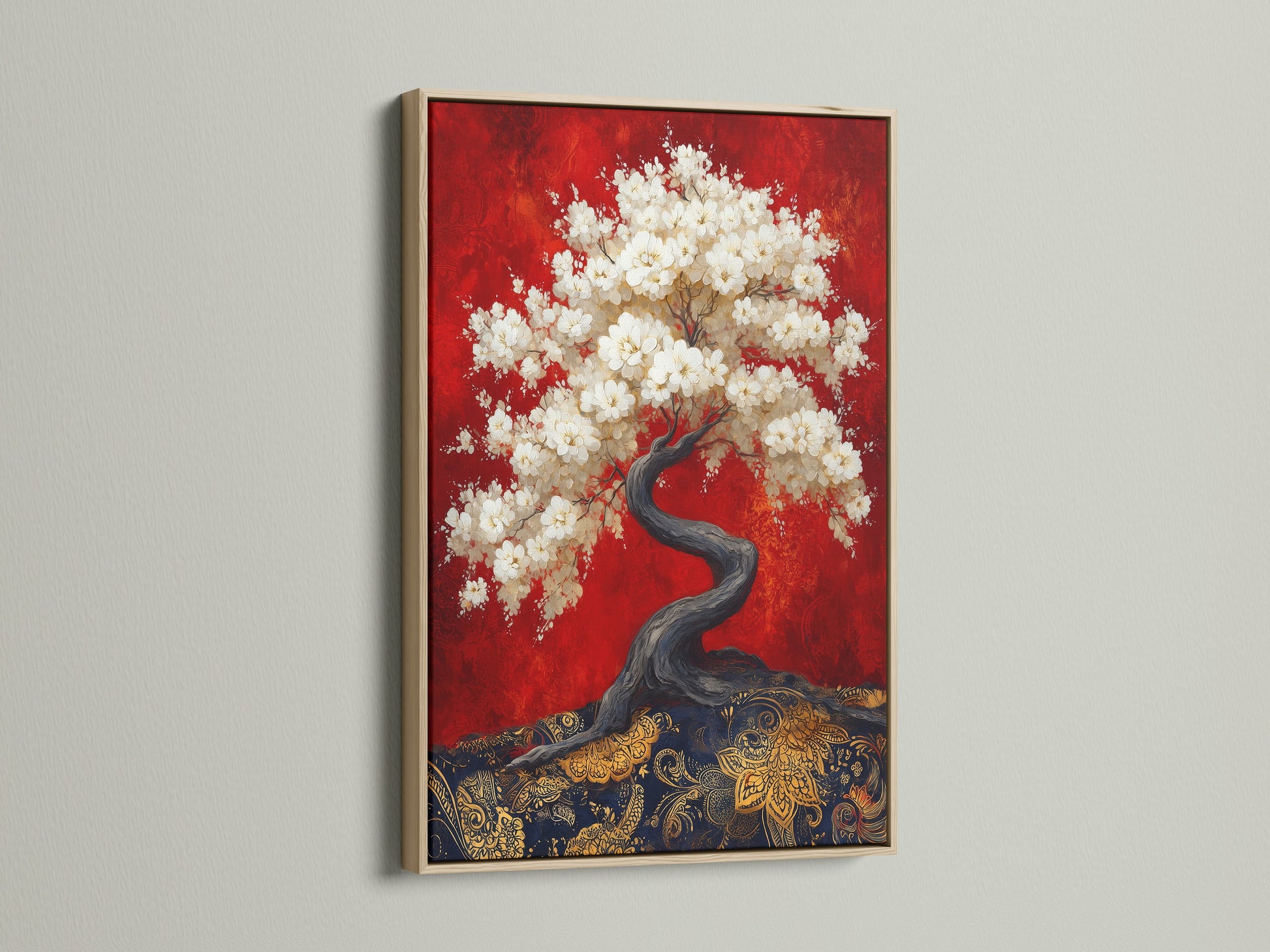A stunning cherry blossom tree artwork is presented in an oak frame. The red canvas art evokes a sense of oriental beauty and zen tranquility. This Japanese wall art piece brings a touch of Asian home decor to any space. It is ideal for creating a serene atmosphere with floral wall art.