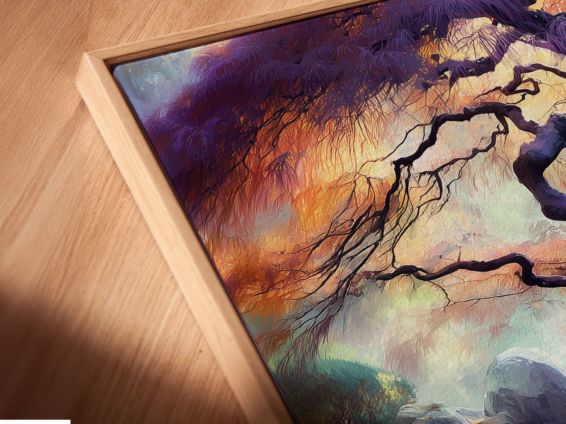 A close-up angled view shows a canvas print in a floating frame. The Japanese Tree art is visible. It features a zen water reflection. This Asian landscape artwork is perfect for contemporary wall decor. The bonsai tree print enhances minimalist styles.
