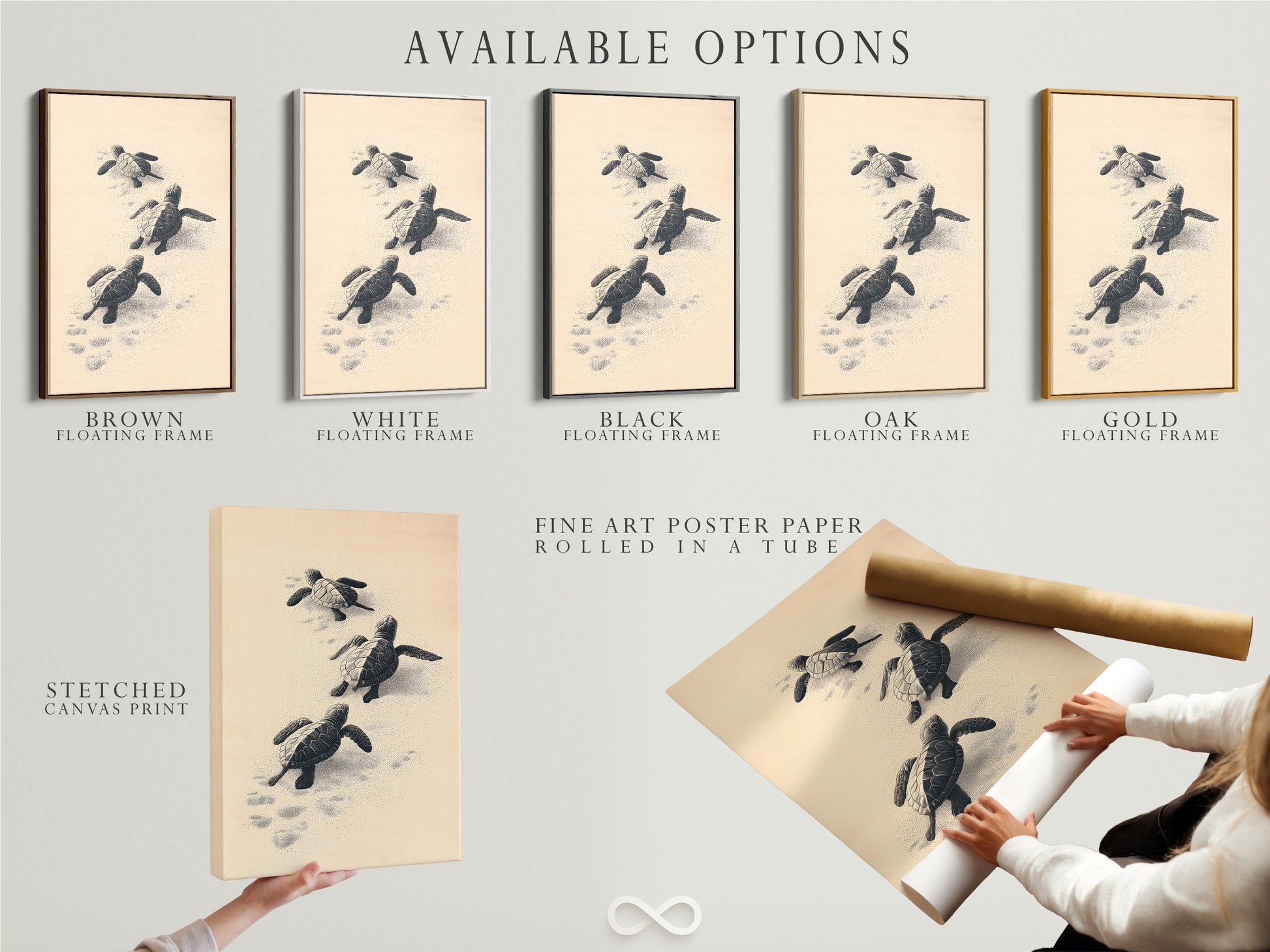 Available options for this sea turtle artwork are displayed. Choose from stretched canvas print fine art poster paper or a floating frame. Customize your piece to match your style. Create the perfect coastal look.