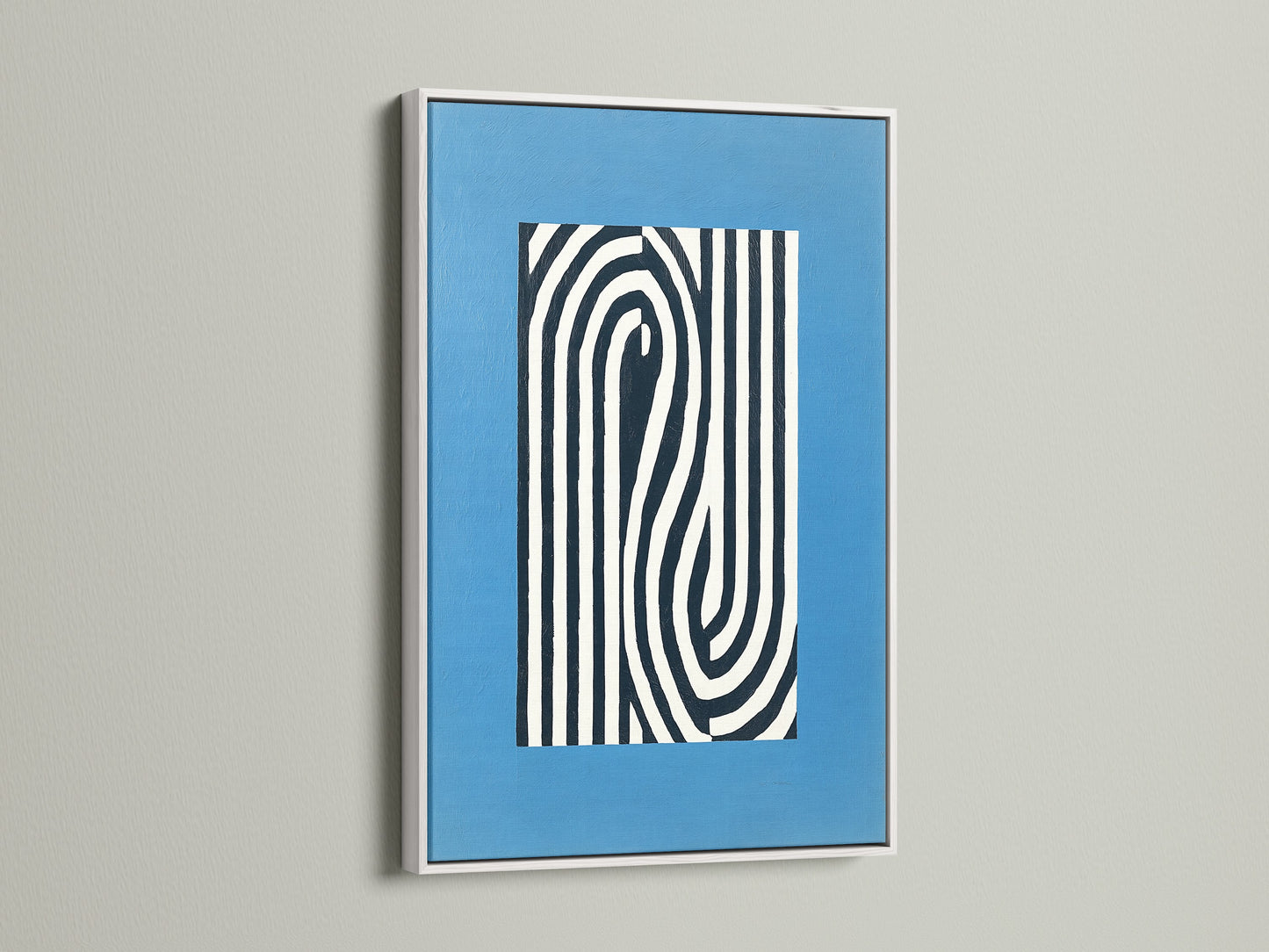 Contemporary artwork presented in a white frame. This minimalist print features abstract lines. The blue wall art complements modern interiors. Ideal for creating a serene atmosphere in your home or office. View this framed art today.