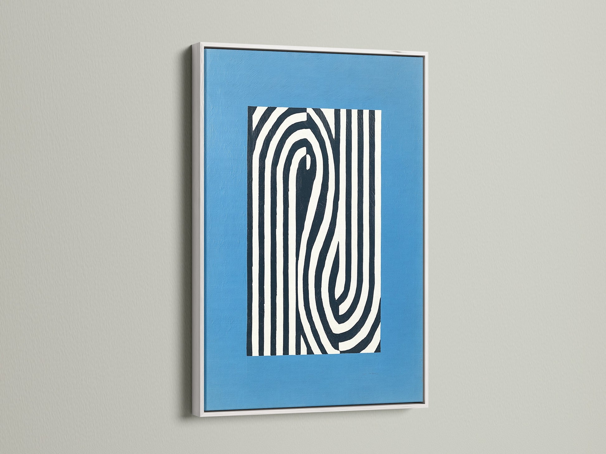 Contemporary artwork presented in a white frame. This minimalist print features abstract lines. The blue wall art complements modern interiors. Ideal for creating a serene atmosphere in your home or office. View this framed art today.