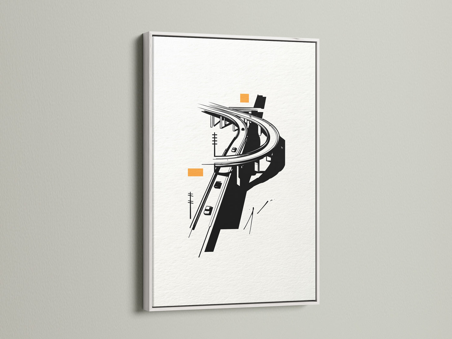 The Highway Overpass artwork is elegantly framed in white. This minimalist decor piece transforms any room. It serves as modern office wall art. The cityscape canvas print features a captivating black and white design. This urban artwork adds a contemporary touch.