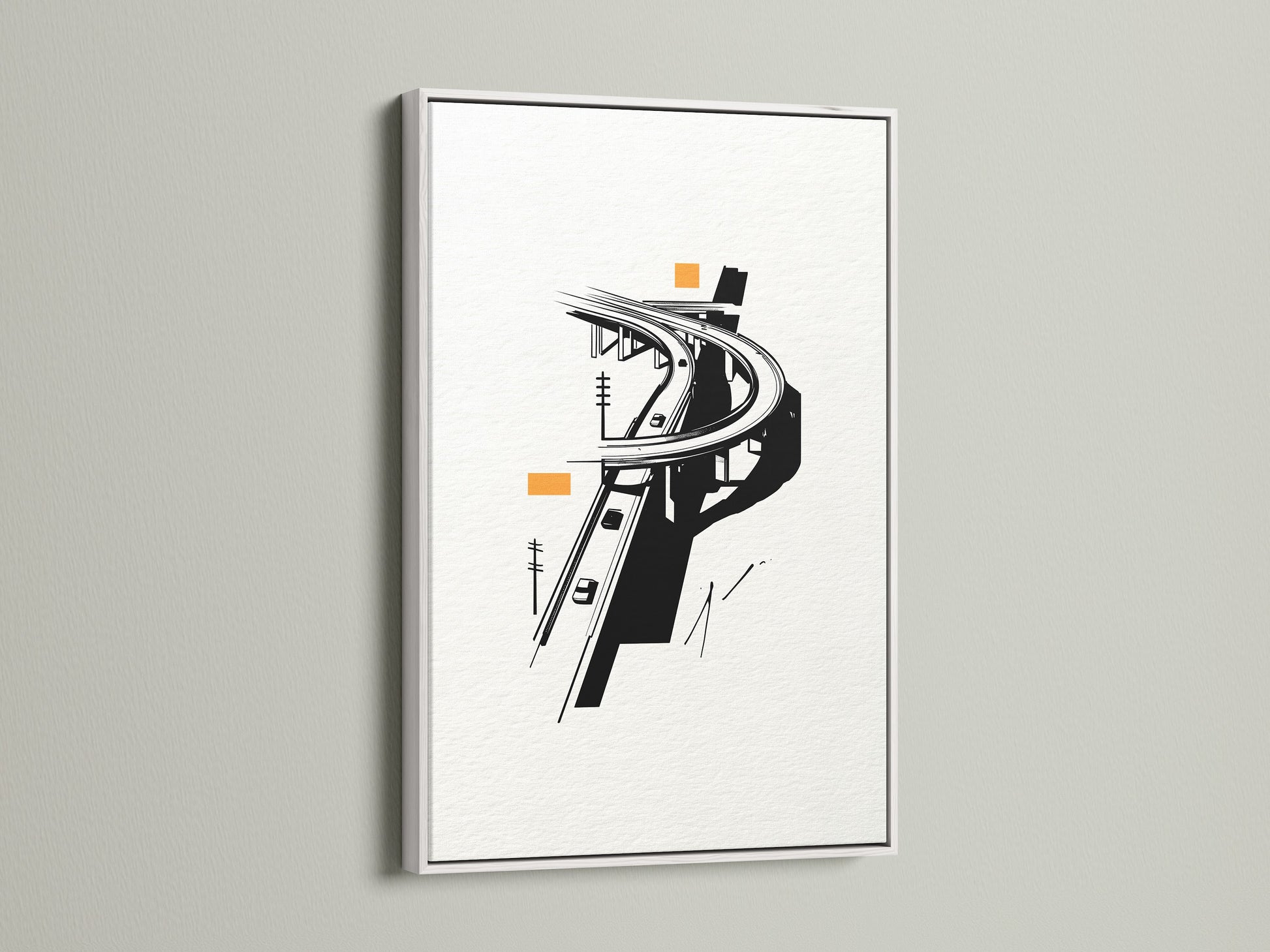 The Highway Overpass artwork is elegantly framed in white. This minimalist decor piece transforms any room. It serves as modern office wall art. The cityscape canvas print features a captivating black and white design. This urban artwork adds a contemporary touch.