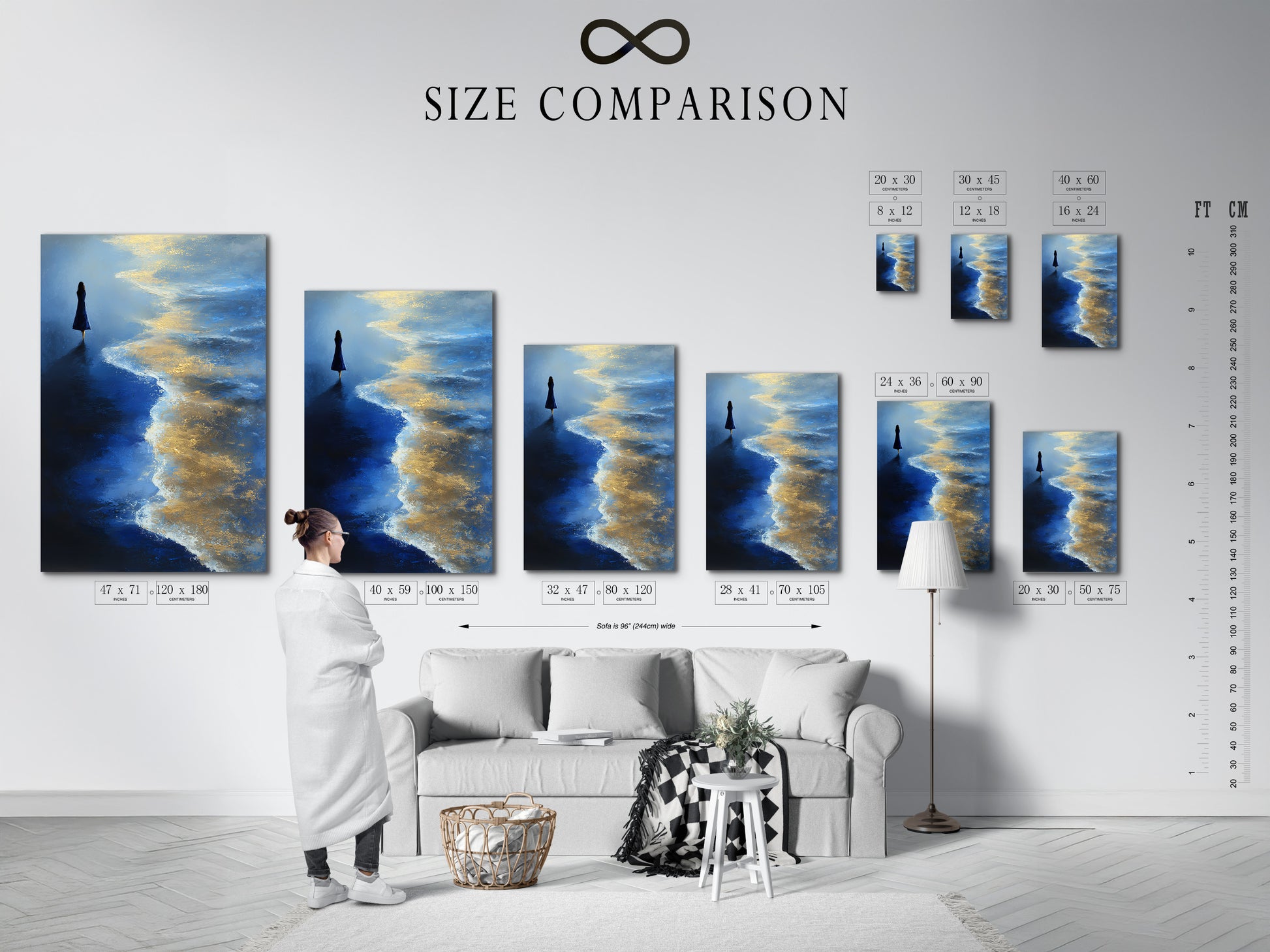 A size comparison chart in an interior setting featuring the Ocean Solitude artwork. See how this piece fits into different spaces. Perfect for homeowners renters and interior decorators. Envision your perfect wall art.