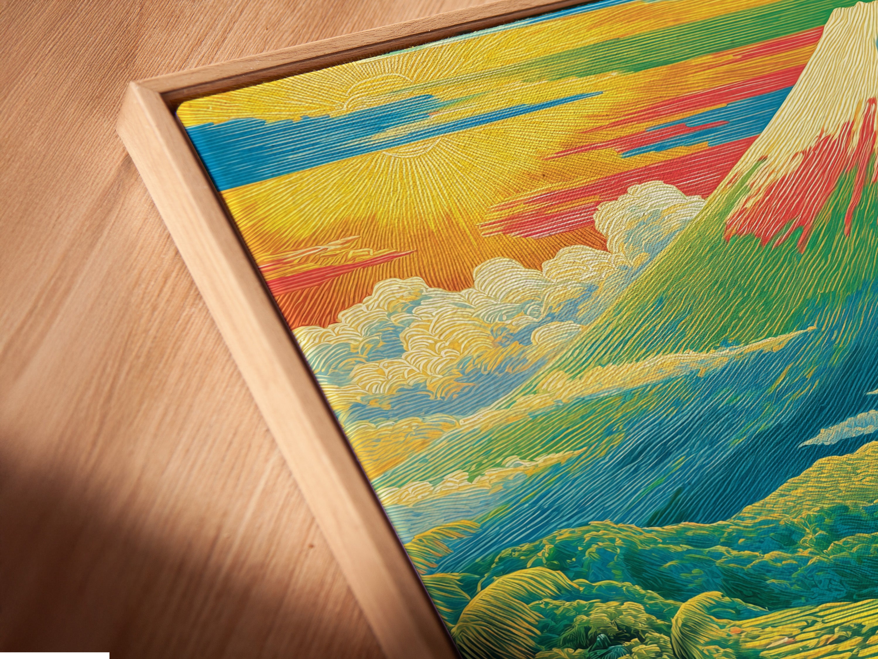 Close up angled view of a canvas print in a floating frame. The frame enhances the artwork creating a gallery-like effect. The canvas print appears to float within the frame. The artwork is ready to hang.