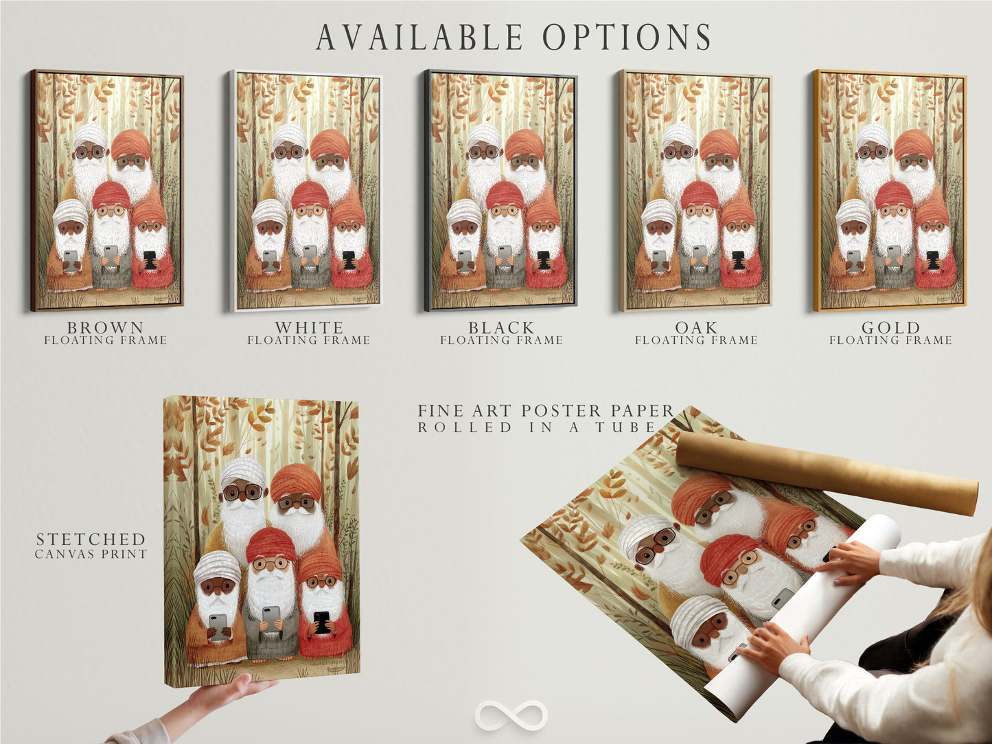 Available options for the gnome family artwork are displayed. Choices include a stretched canvas print fine art poster paper and a floating frame. Select the perfect option to match your decor and personal style today.