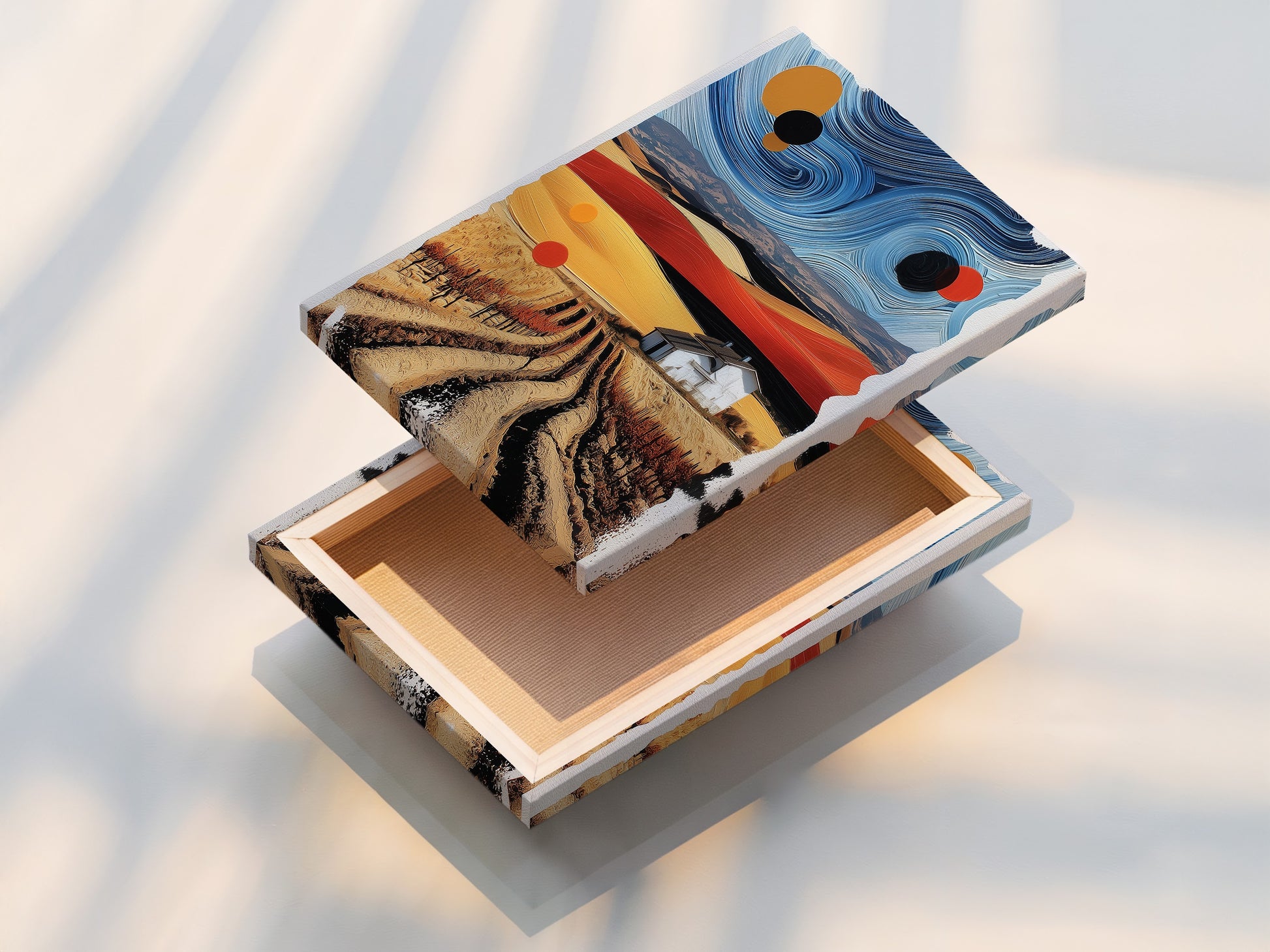 A stretched canvas print showcasing abstract landscape artwork. The surreal farm art is ready to hang. This contemporary country wall decor is perfect for any room. The stretched canvas provides a clean and modern look. Ideal for minimalist or eclectic styles.