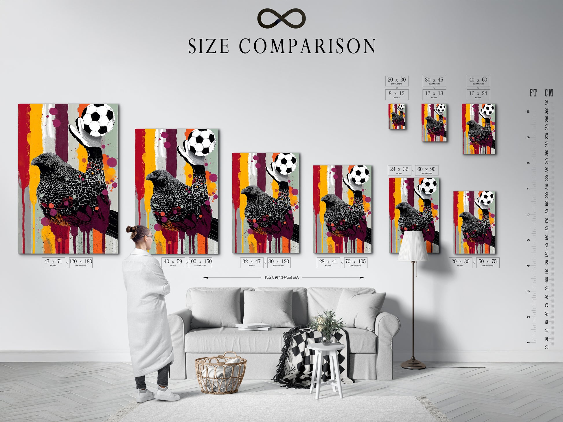 Size comparison chart in an interior setting. It shows the Raven Goalkeeper art in various sizes. This helps you visualize the artwork in your space. Find the perfect fit for your kid's room. Discover unique sports-themed wall decor.