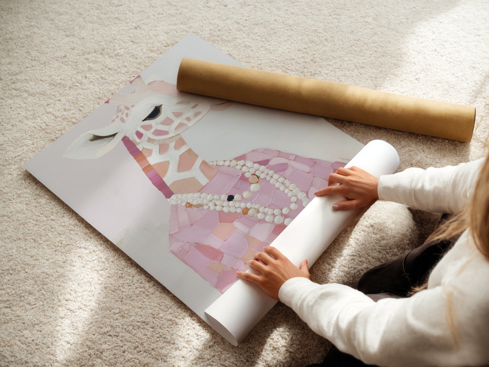 A woman is carefully rolling a fine art poster paper. Ready to be framed or displayed this pink animal print is perfect for any room. Fashion giraffe art with a pearl necklace is being prepared. High-quality blush pink art for your walls. The ideal nursery wall decor.