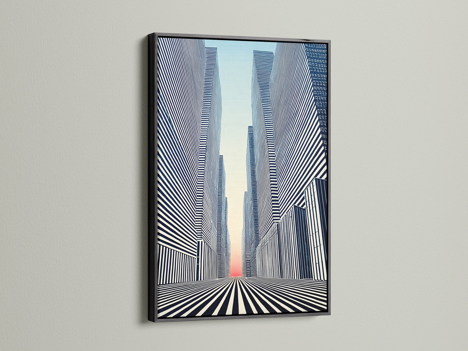 The Cityscape Optical Illusion artwork is presented in a black frame. This striking modern wall art makes a bold statement. The black and white design enhances office and home decor. This geometric canvas provides a sophisticated urban art touch.