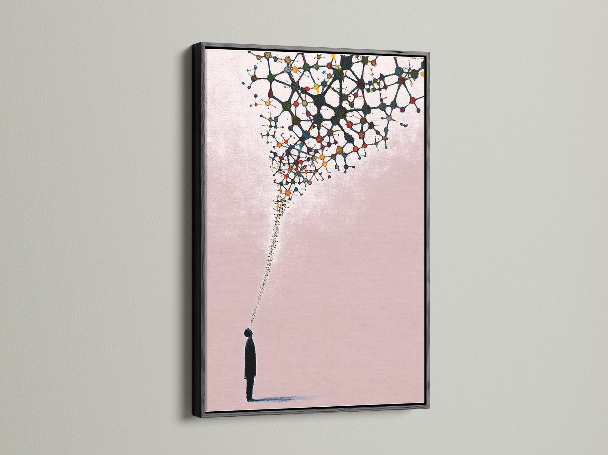 The abstract silhouette art print is presented in a black frame. This modern canvas art piece is perfect for office wall art. The minimalist print complements any contemporary space. It's a striking piece of abstract artwork.