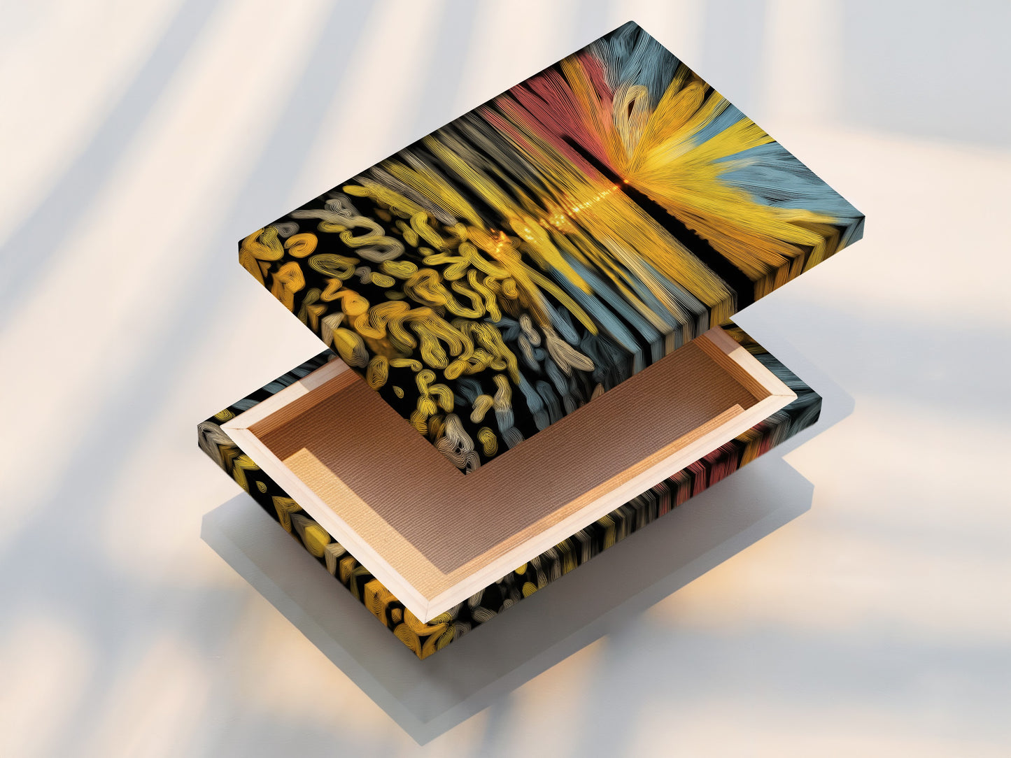 This image features a stretched canvas print of an abstract sunset. The artwork showcases golden ocean waves. This piece adds modern textured wall decor to any bedroom. It enhances coastal minimalist and contemporary styles. Shop now for unique housewarming gifts.