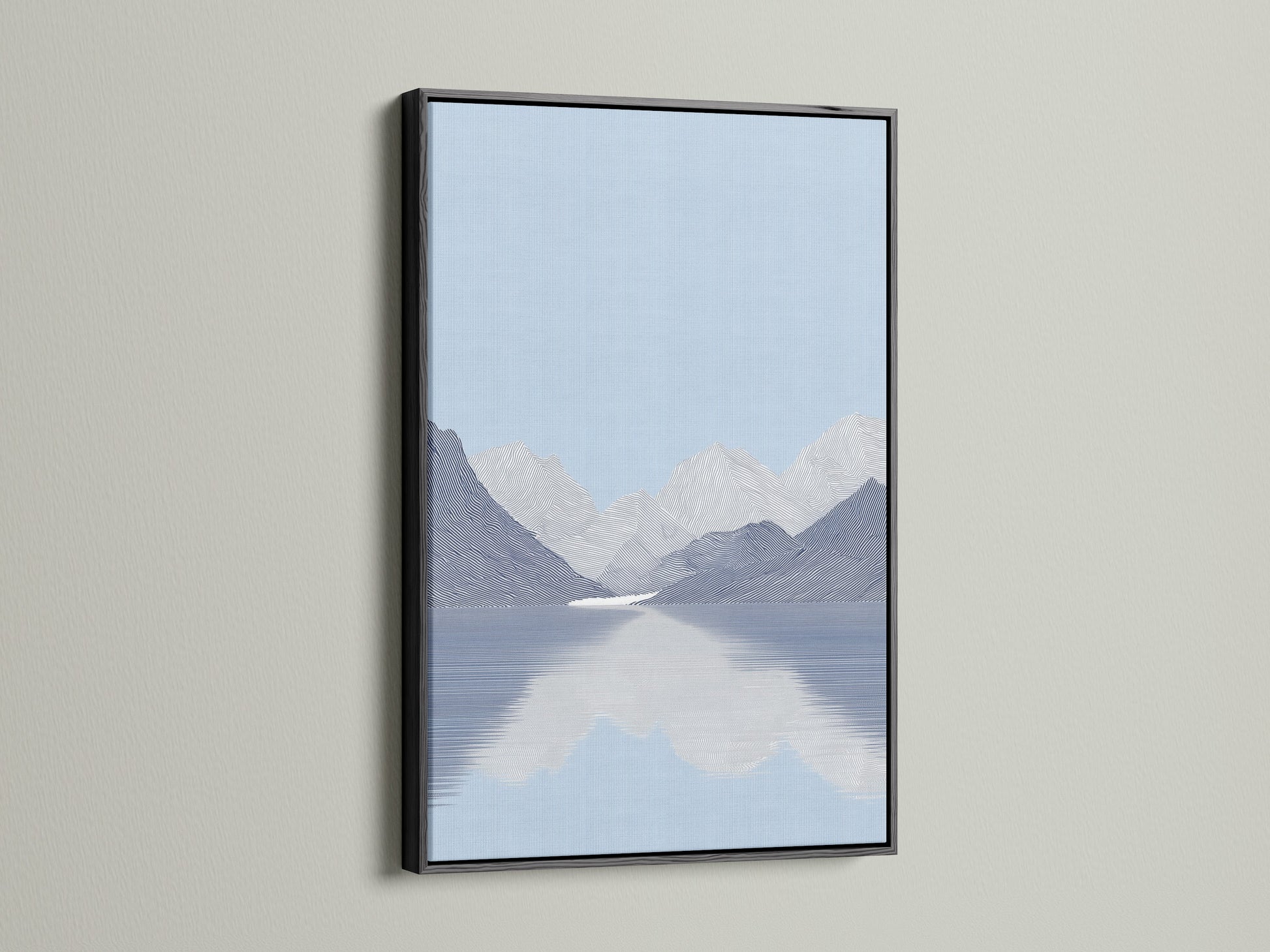 Artwork is elegantly framed in black. The black frame provides a classic contrast. The artwork illustrates a calming lake and mountain view. The black frame enhances the artwork's depth and detail. Ideal for adding a touch of sophistication to your space.