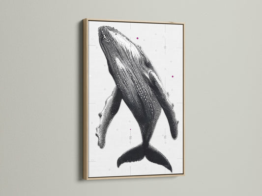 Humpback Whale art print in an oak frame. A stunning piece of ocean wall decor. The dotted whale art complements minimalist and Scandinavian styles. This marine animal print is ideal for living rooms or beach houses. A beautiful whale artwork