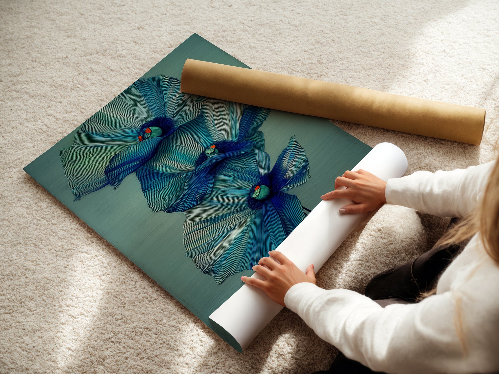 A woman is carefully rolling a fine art poster paper. Ensuring the quality and preservation of the artwork. Our fine art prints are perfect for any space. Explore our range of modern botanical wall art today.