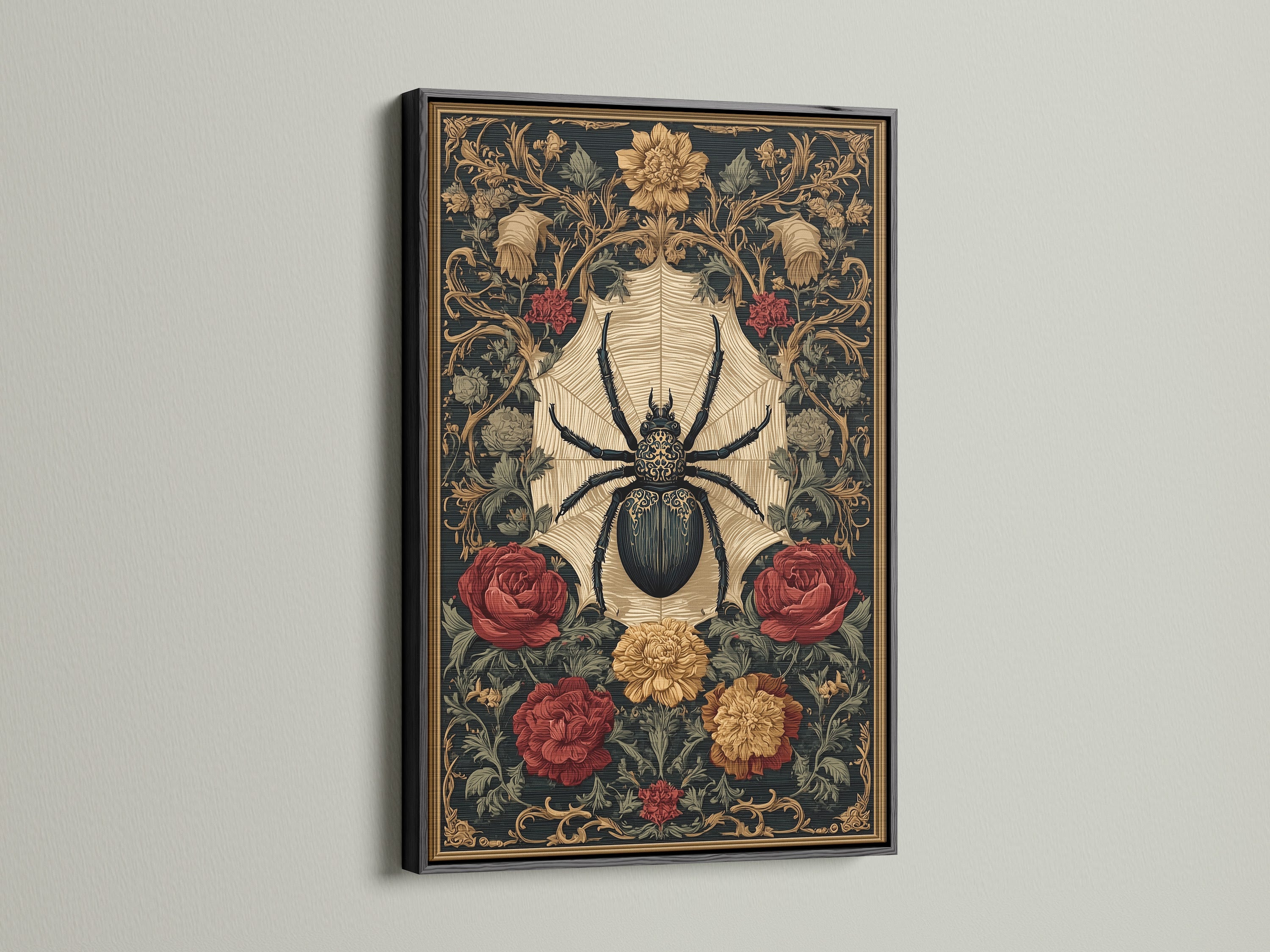 Art print featuring a spider and floral artwork in a black frame. The black frame provides a bold contrasting effect. This artwork creates a dramatic focal point. Enhance your wall decor with this striking piece. Perfect for adding depth to your space.