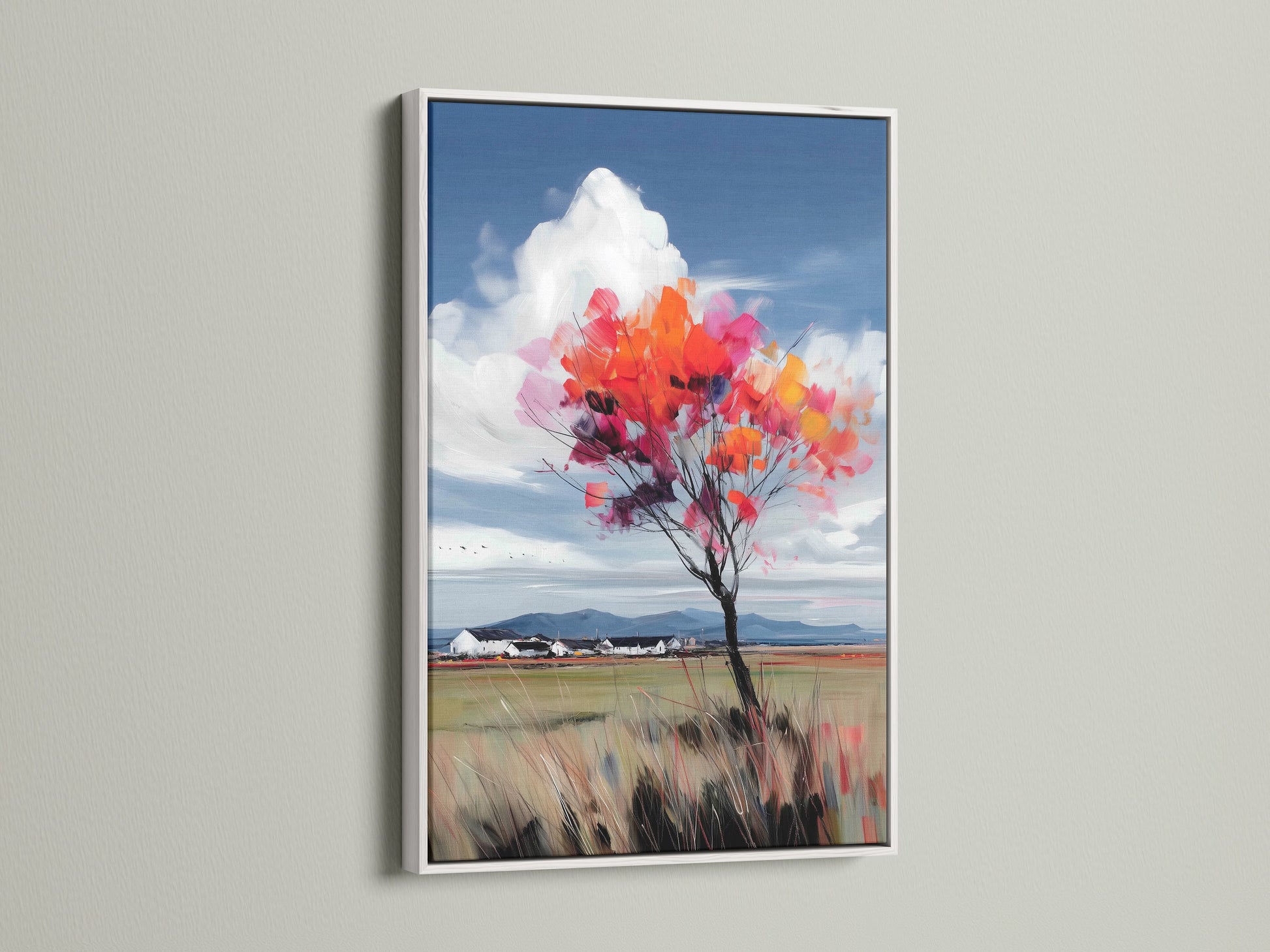 A white frame enhances this stunning autumn tree artwork. The colorful fall foliage creates a vivid impressionist landscape. It is perfect as wall art for your living room bedroom or office. The white frame adds a clean modern touch. The artwork brings seasonal beauty.