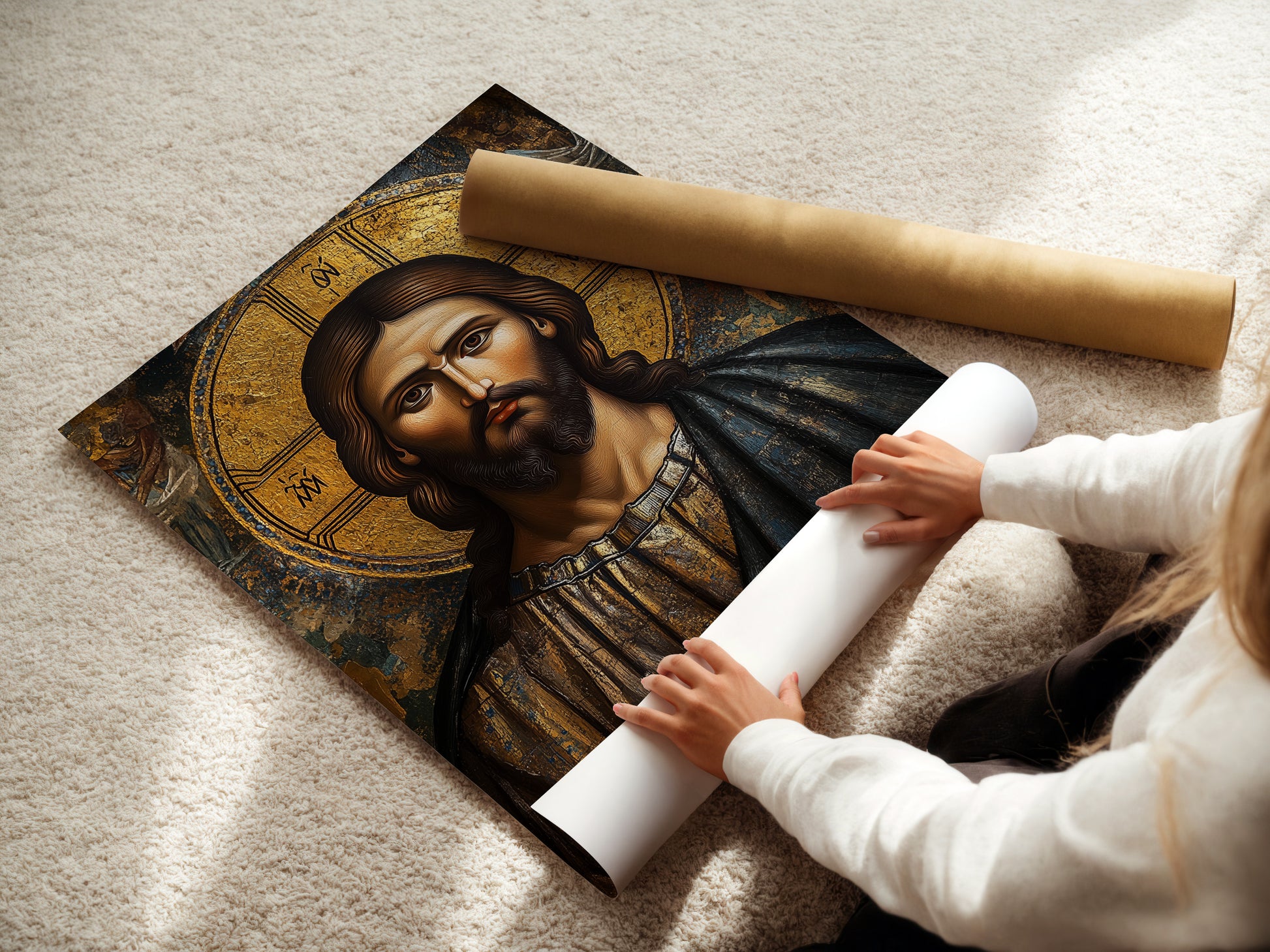 A woman carefully rolls fine art poster paper. This ensures the artwork is preserved. The poster paper is archival quality. It will protect the art for years. High-quality materials for your art prints. Explore our paper options today.