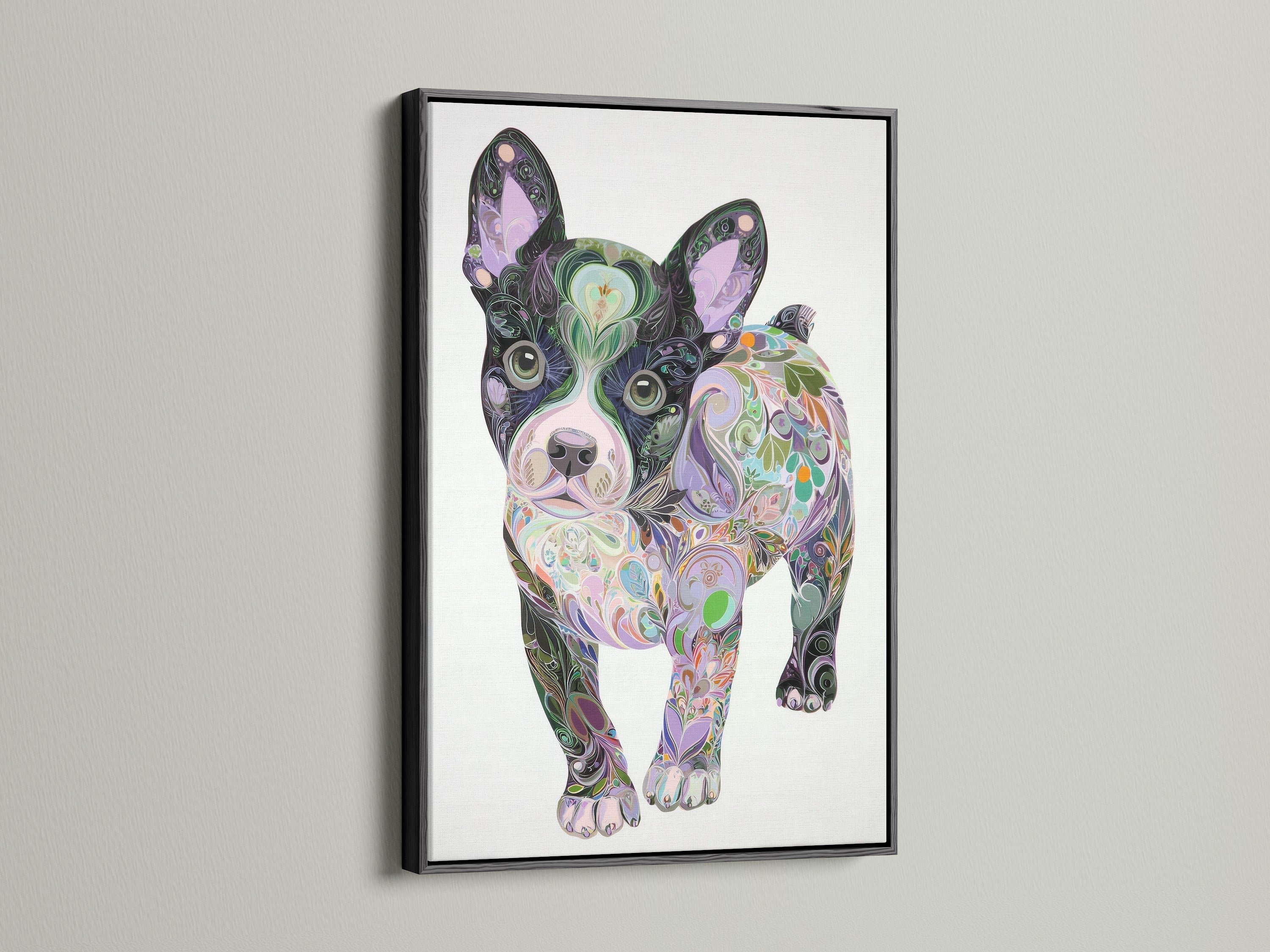 French Bulldog art in a black floating frame. This colorful dog wall art features a psychedelic pet portrait. Perfect bedroom decor or a unique Frenchie art gift idea. The black frame is timeless.